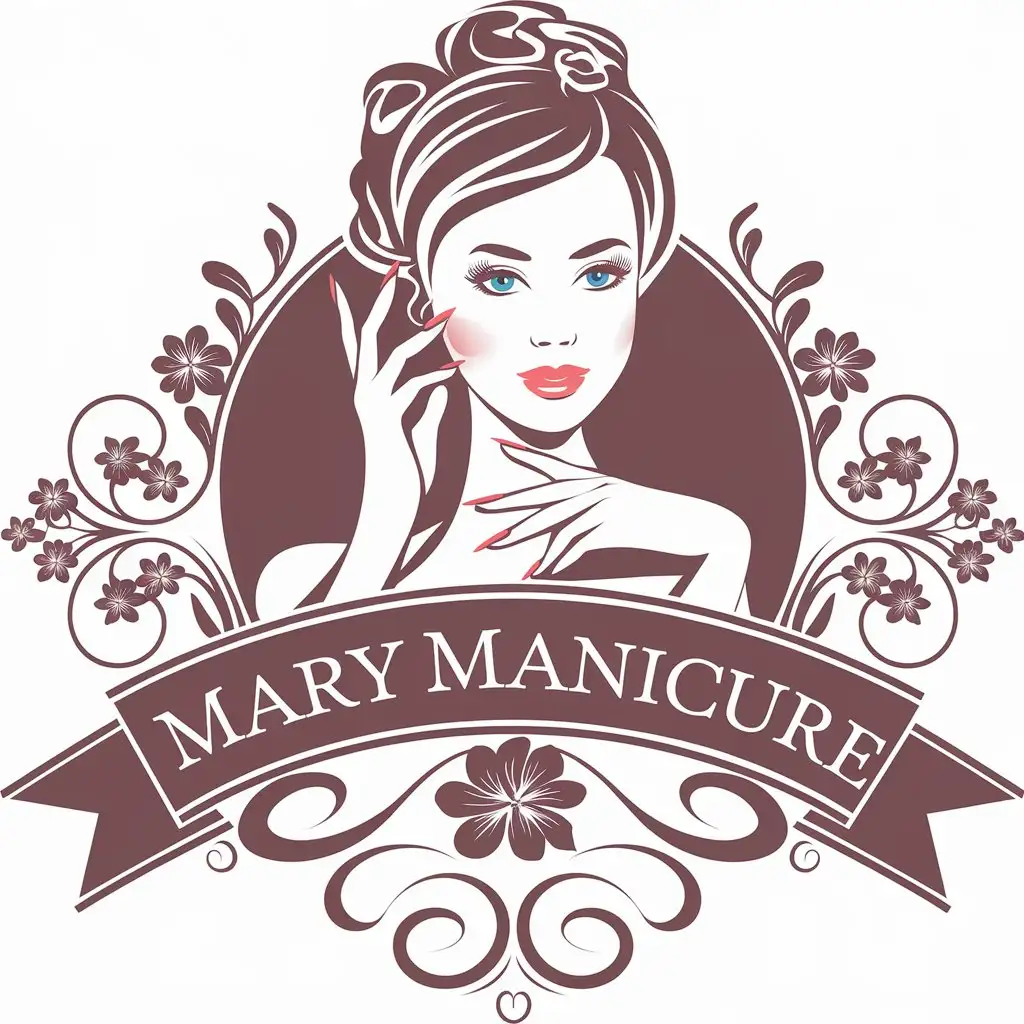 a vector logo design,with the text "Mary Manicure", main symbol:Beautiful woman with beautiful nails,complex,be used in Beauty Spa industry,clear background