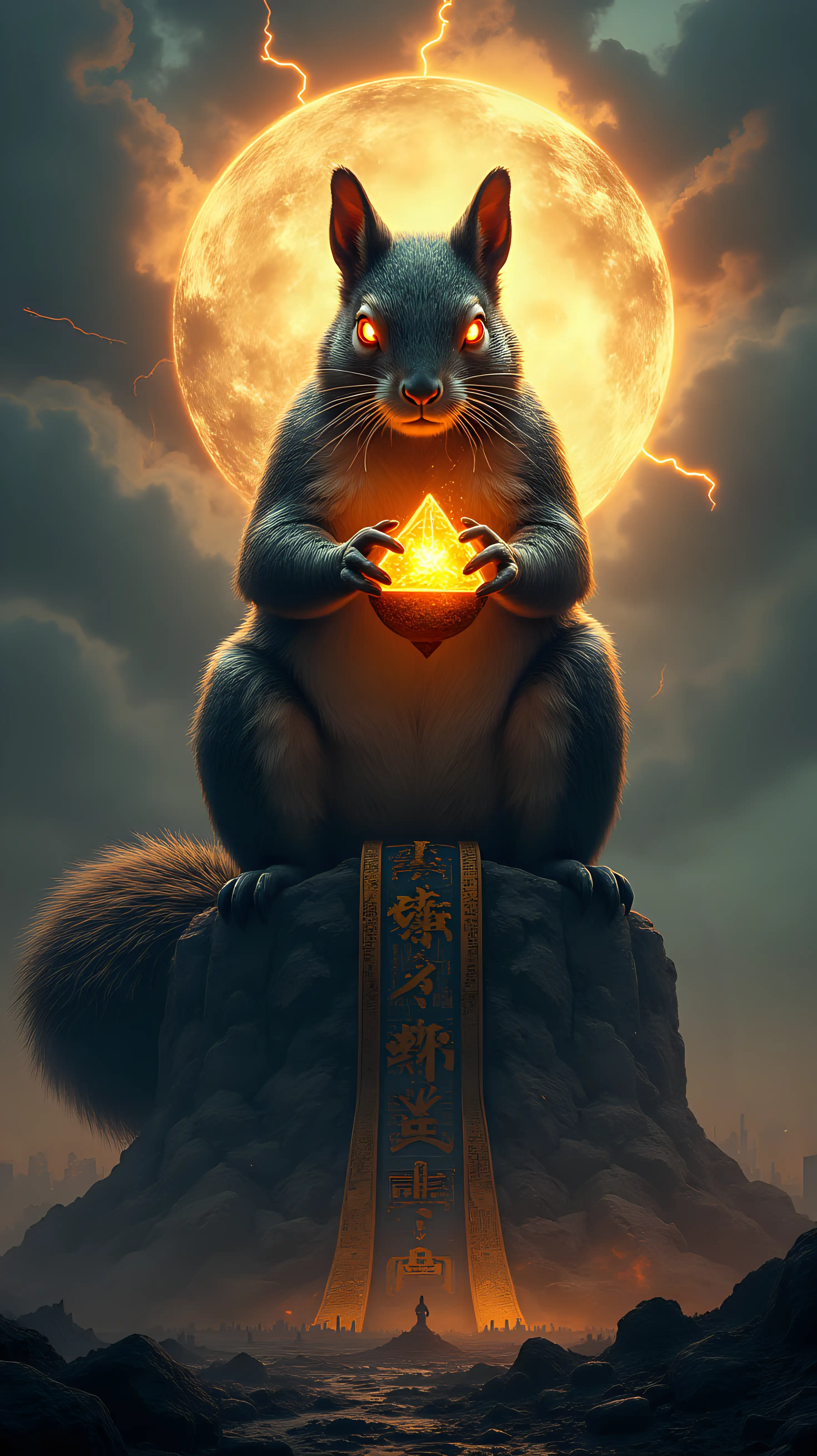 Cybernetic-Squirrel-King-on-Blockchain-Throne-Overlooking-Apocalyptic-City