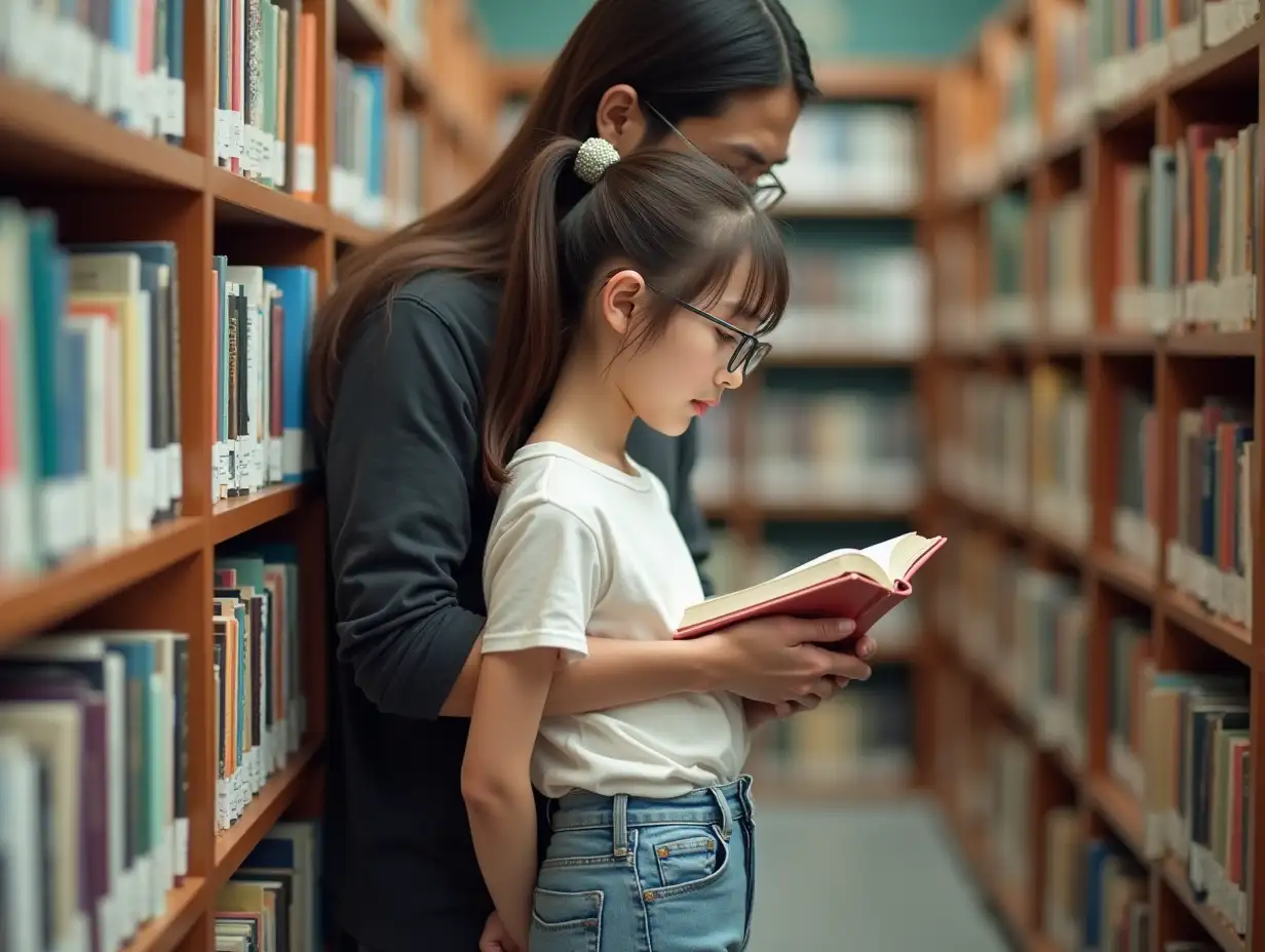 A 17-year-old Korean girl with long, natural brown hair in a twin tail, big lively eyes with glasses, straight nose bridge, thin pink lips, baby face, flawless skin, belly button, long legs, wearing short jeans and white cloth shoes, browsing books in a library. A man with long hair ponytail, Hugging her from behind but the man can't show his face. Side shot, Sharp background. masterpiece.