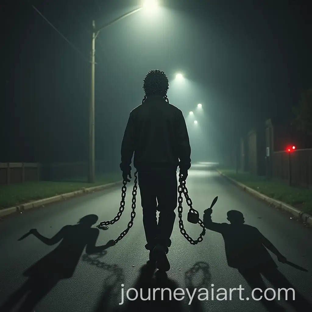 Man-in-Iron-Chains-Walking-Under-Streetlights-with-Dark-Shadows-of-Violence