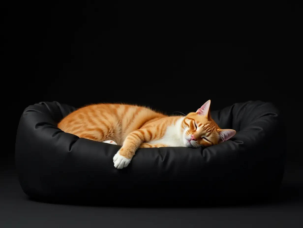 a yellow cat with a white breast is sleeping and stretching in a black soft oval smooth futuristic couch on a black floor on a bright clean black background, close-up, professional photography, studio lighting