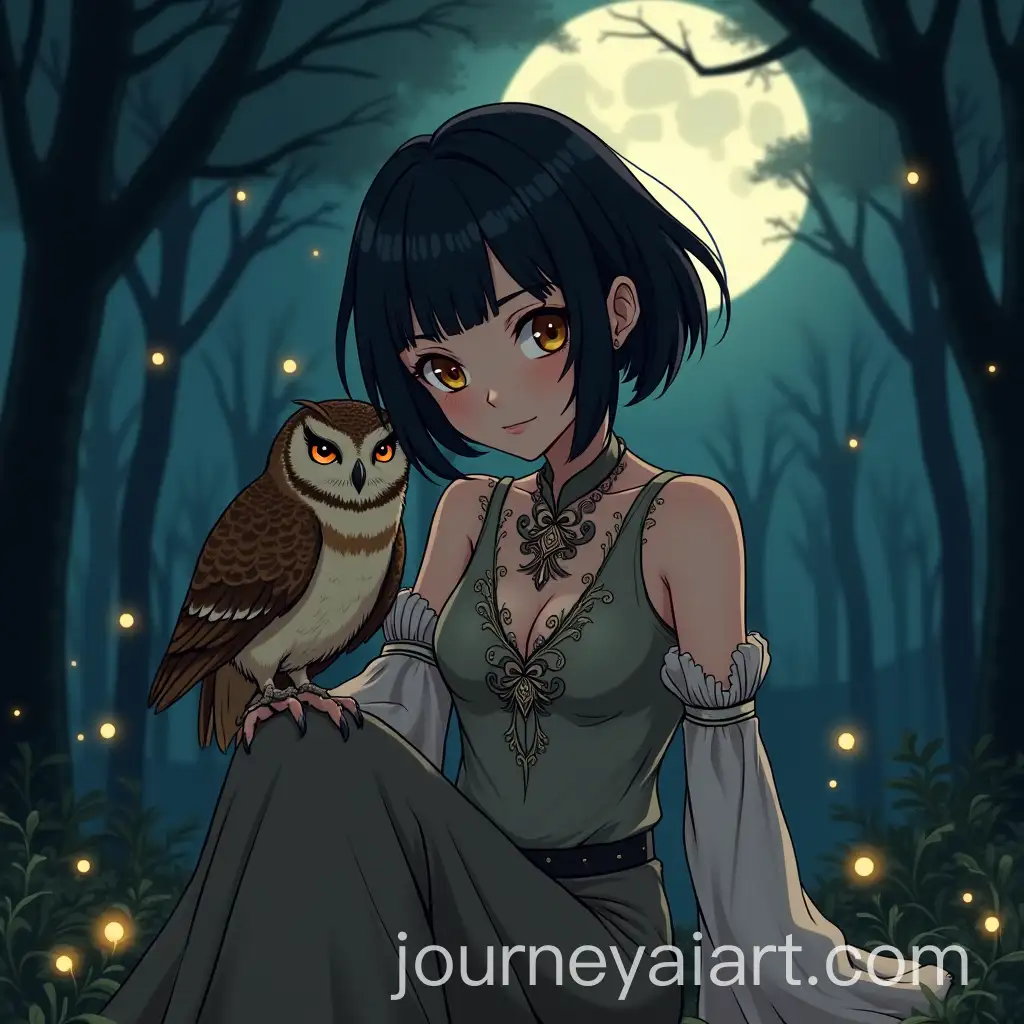 Anime-Girl-with-Owl-Perched-in-Mystical-Moonlit-Forest