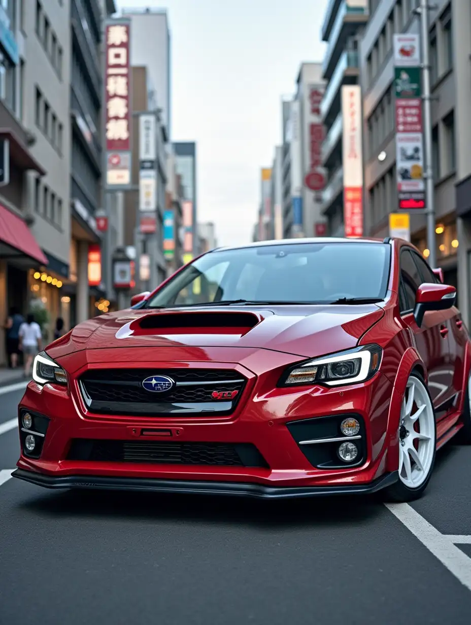 Subaru levorg vm4, red, wheels with white rims, against the backdrop of Tokyo 