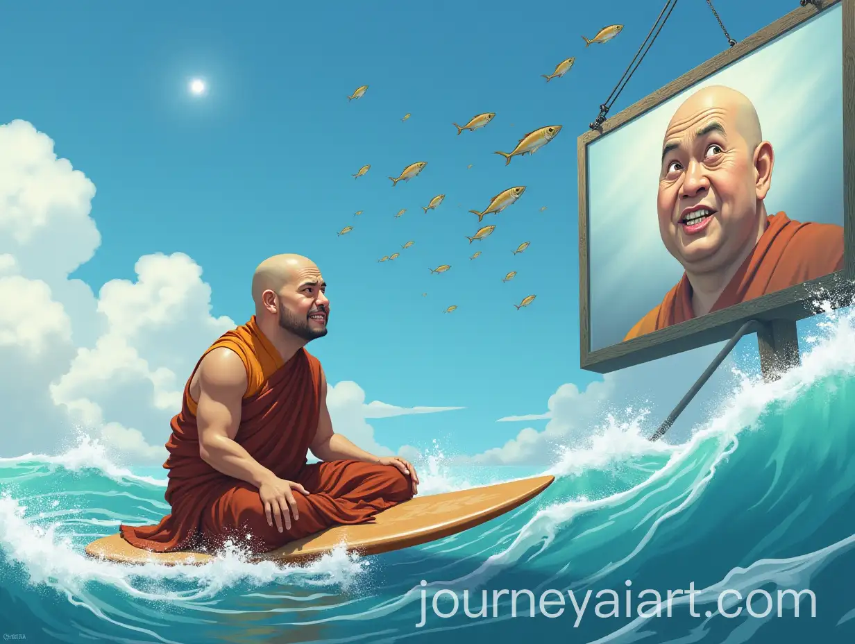 Monk-Meditating-on-Surfboard-Amidst-Waves-and-Flying-Fish