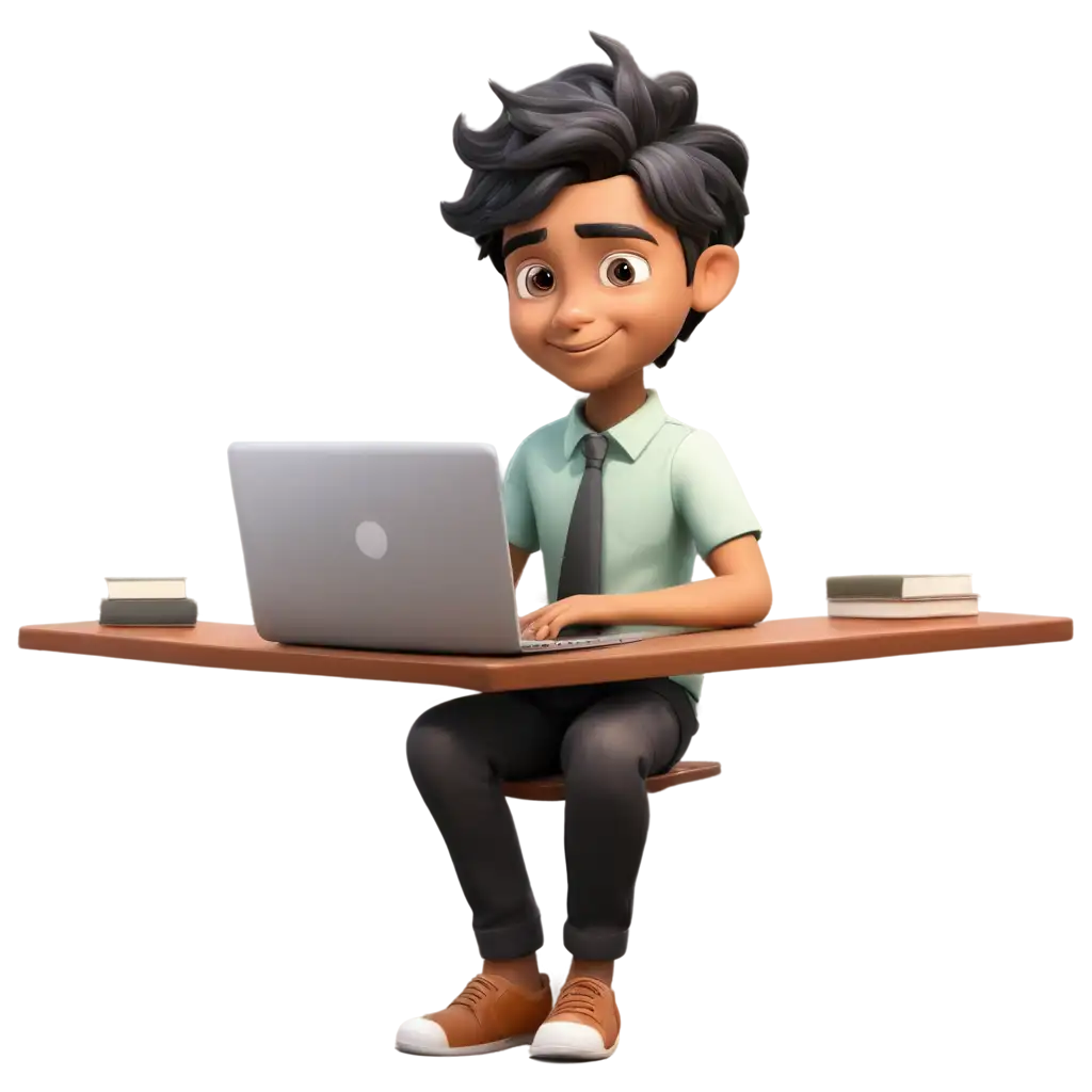 a young indian boy formal dress with Good Hair style working on laptop table cortoon