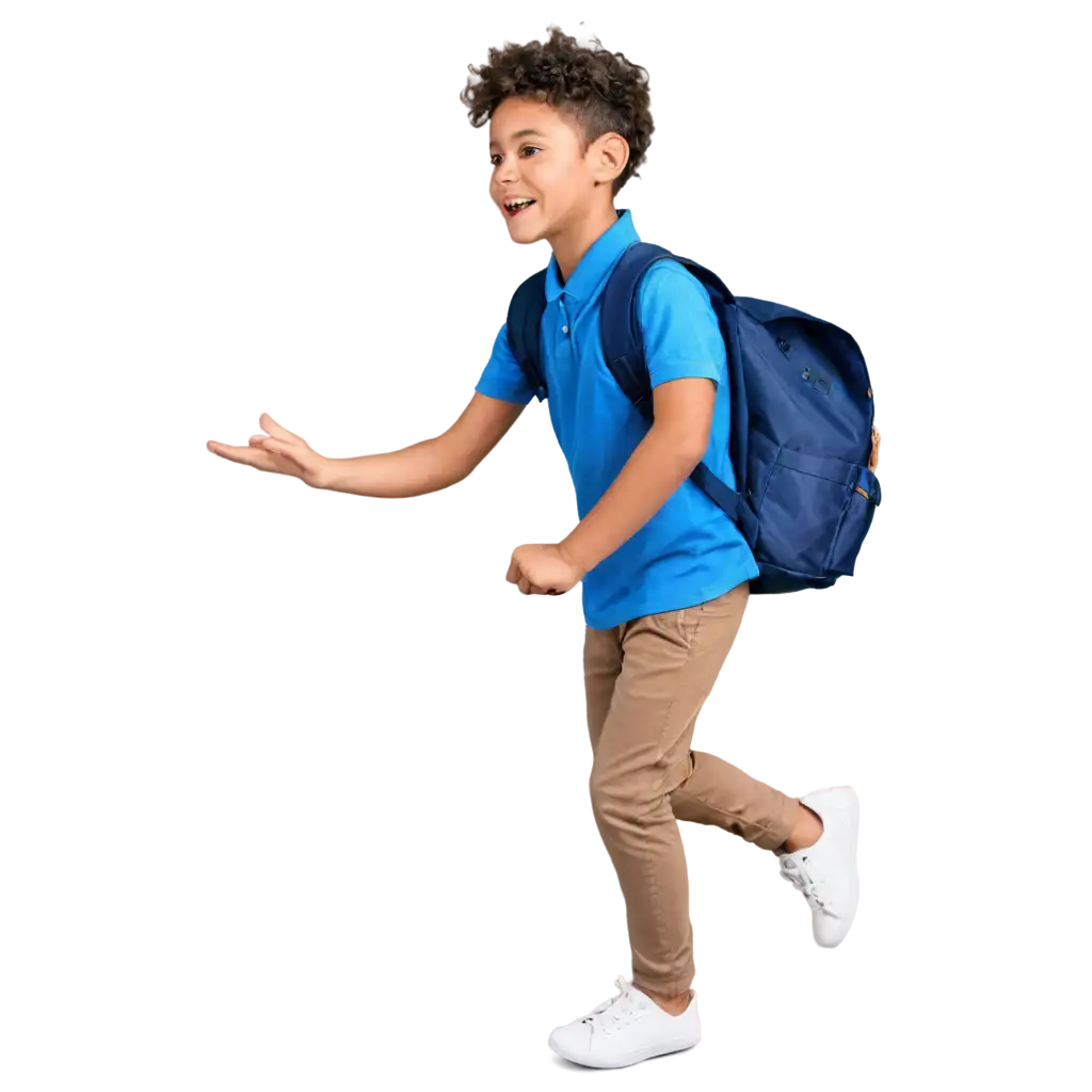 a kid wearing a backpack of school, wearing blue shirt, looking happy facial and jumping