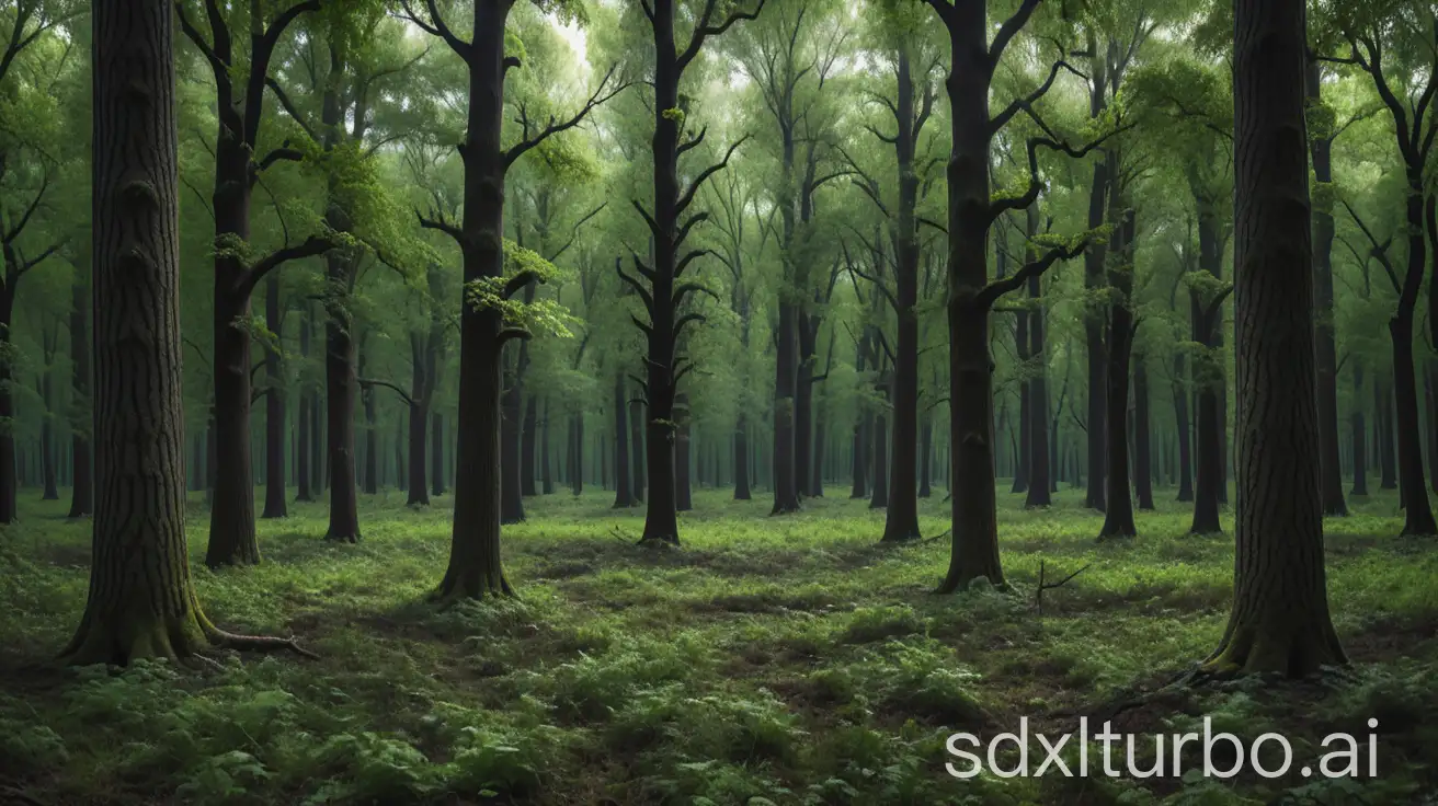 real Dark dense oak forest with green clearing