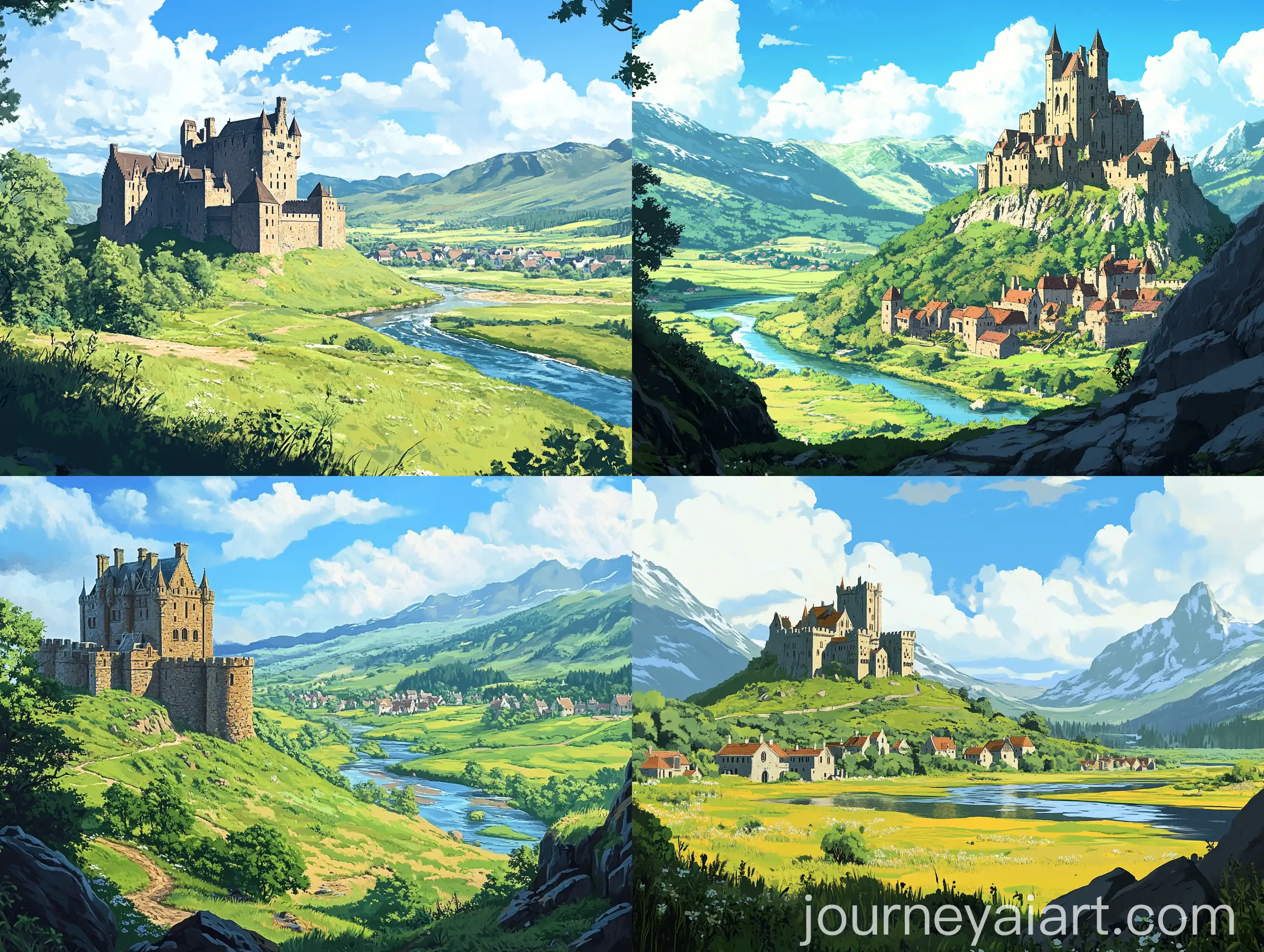 Medieval-Scottish-Castle-in-Valley-on-Sunny-Day-Ghibli-Style-Anime-Art
