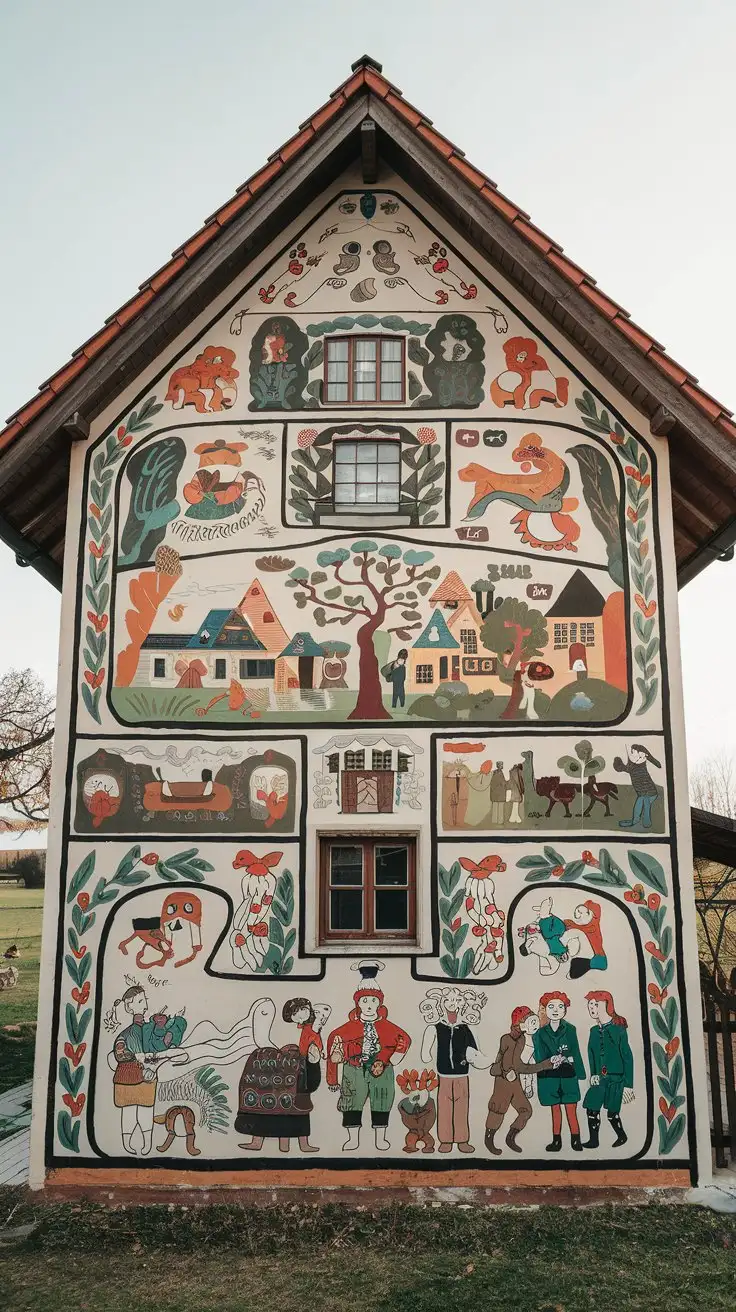 Wide open shot, real photo of a house exterior with a folk art inspired mural, scenes of village life, mythical creatures, historical events, naive style, bold unmixed colors, strong black outlines, narrative, cultural expression, daylight, countryside setting, no people --ar 16:9 --zoom 1.5 --v 6