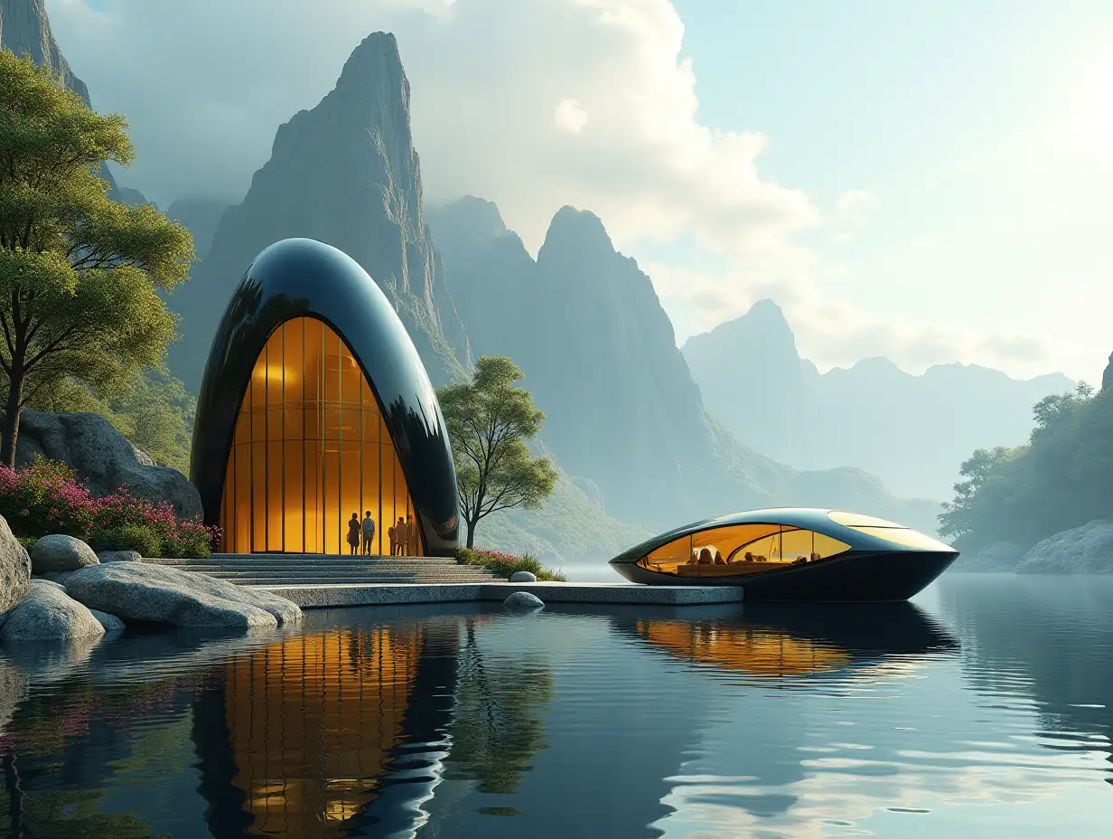 Create a high-resolution realistic image in 4k resolution, a futuristic gold building with black curves, mountains, big trees, rocks, flowers, a futuristic glass boat with a glass window and a cloudy sky