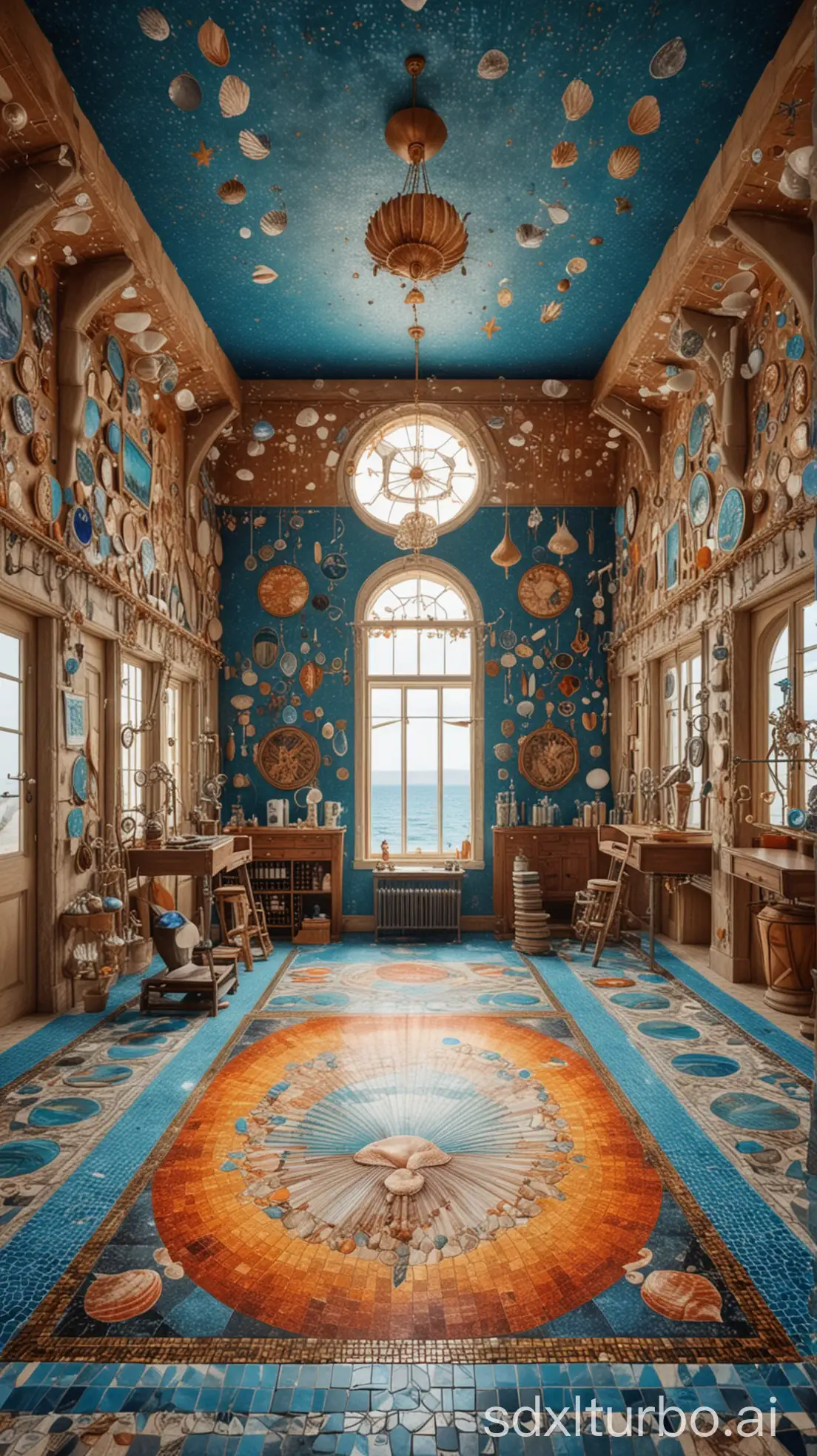 a vast luxury nordic gym in fantasy style, many colorful magical signs on walls, distillation instruments, sea shells, amber and blue mosaic floor, peaceful, sunny, bright atmosphere, highly detailed