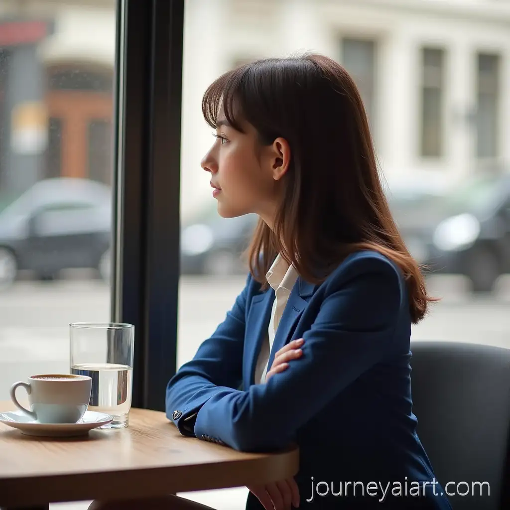 Brunette-GirlBrunette-girl-in-cafe-in-Blue-Suit-Sitting-at-Cafe-Table-by-Window-with-Coffee-and-Water
