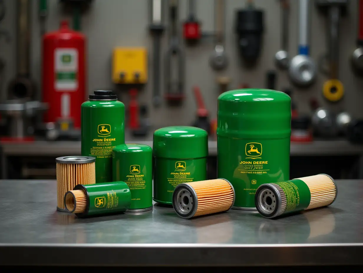 A high-quality photograph showcasing various types of John Deere filters. In the foreground, several filter models are neatly arranged, including oil, fuel, and air filters, each clearly displaying the John Deere logo and labeling. The filters are placed on an industrial metal workbench with tools and spare parts in the blurred background, creating the atmosphere of a mechanical workshop. Bright and even lighting highlights the details and textures of the filters. The background is slightly blurred to focus attention on the products. The overall composition should convey the professionalism, reliability, and quality of John Deere products.