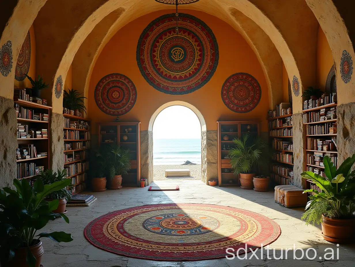 Serene-Yoga-Hall-with-Mandalas-and-Beach-View