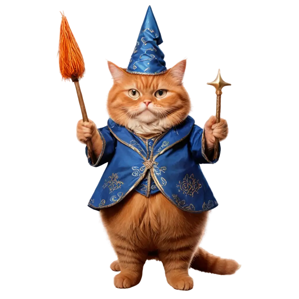 orange fat cat with wizard clothes and holding a wand