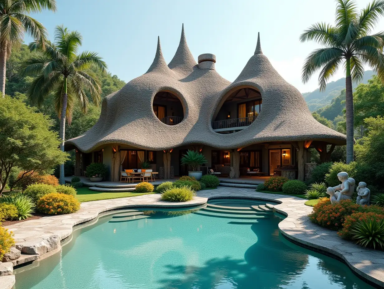 Create a house with twisted roof with people,with a large garden and pool with a large,colorful bushes and statues