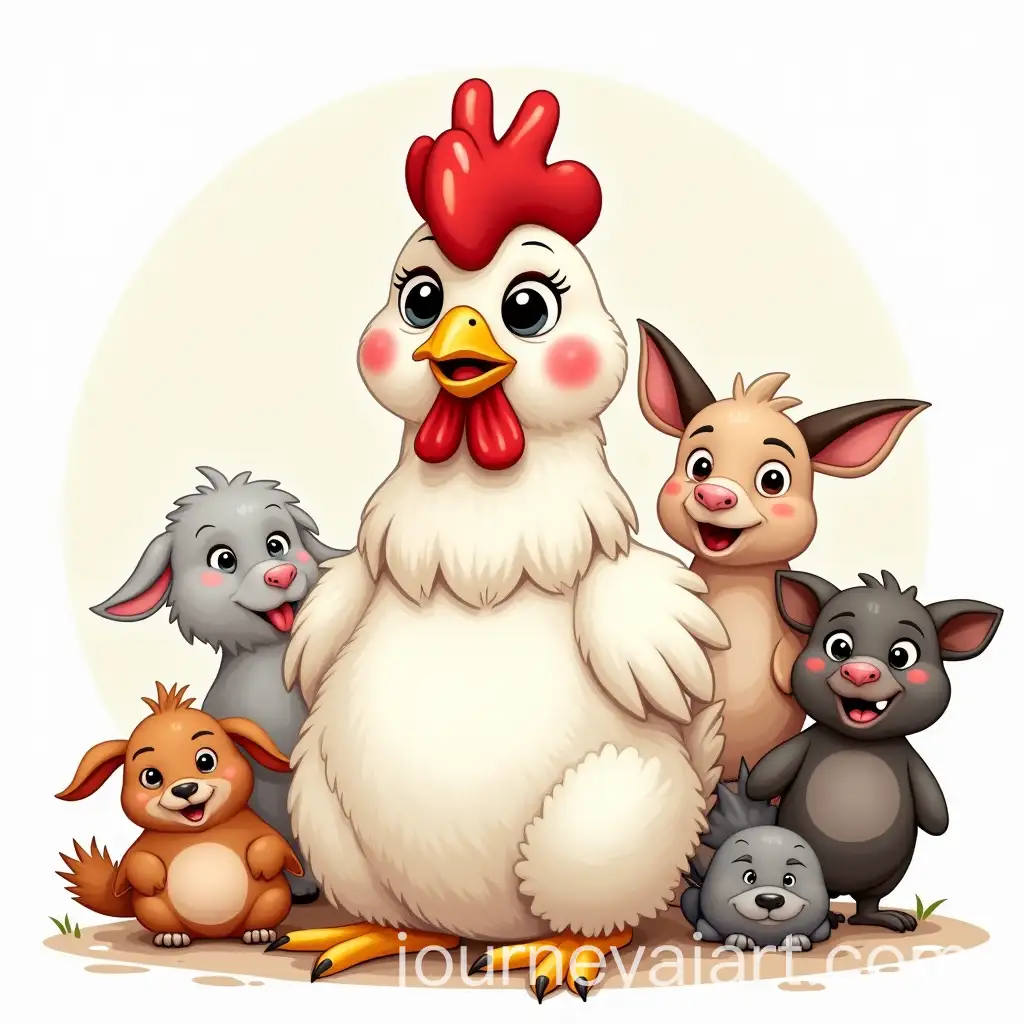 Illustration-of-Chicken-Matilda-with-Red-and-White-Feathers-Surrounded-by-Farm-Animals