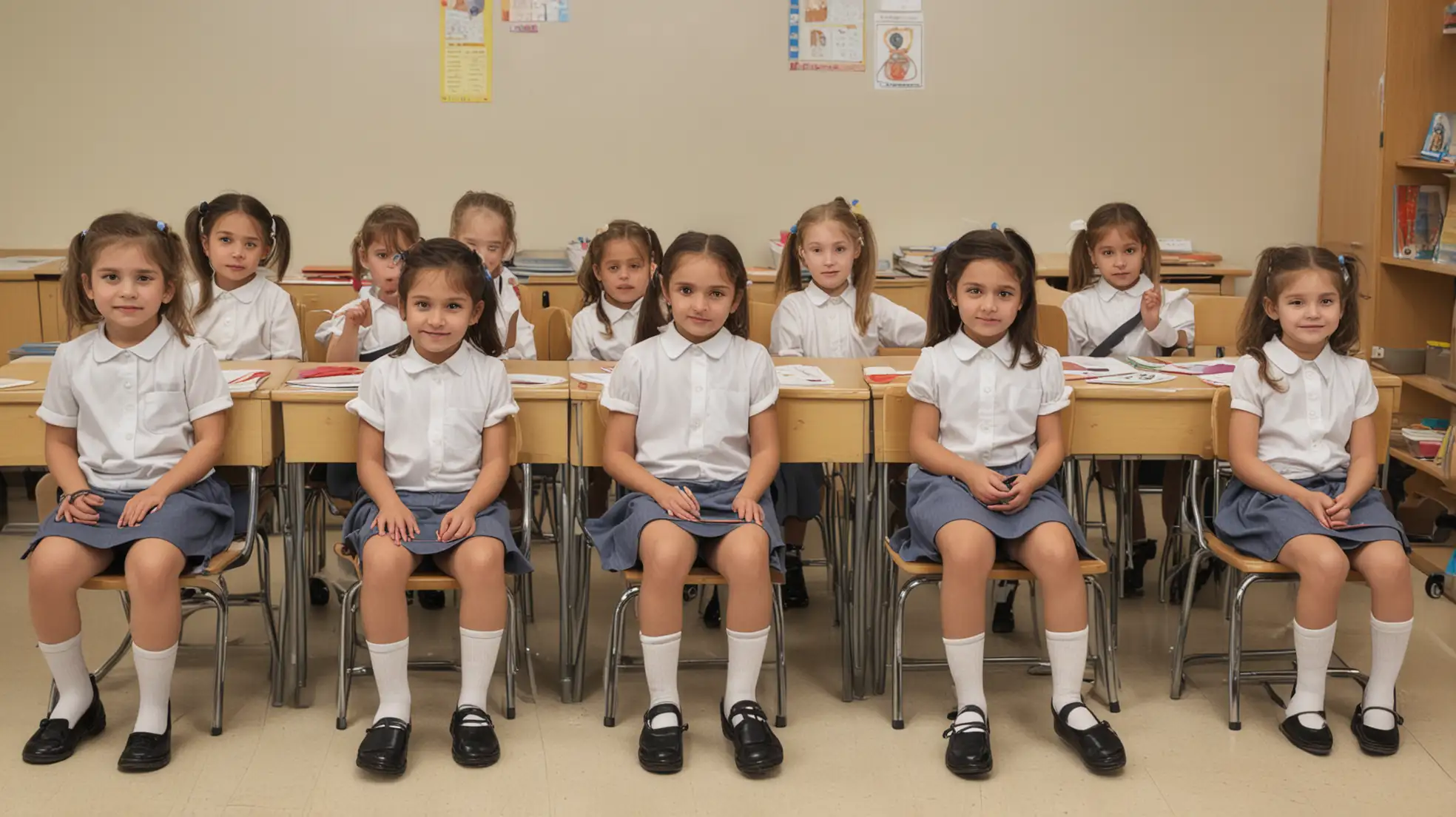 Group-of-Kindergarten-Girls-Sitting-at-Desks-in-Classroom-Setting