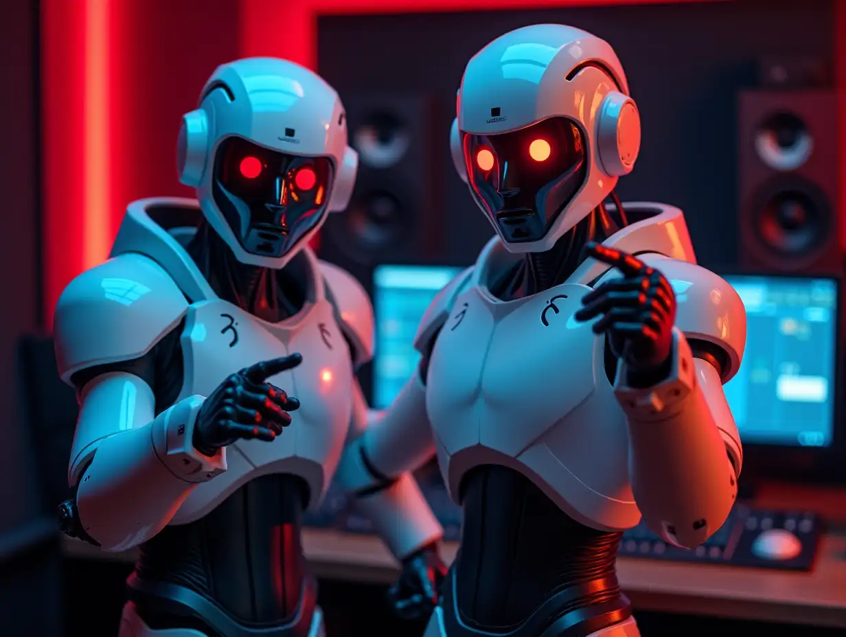 The picture shows two male robots in a recording studio. They are both dressed in futuristic costumes with red eyes and white helmets. The robots are standing in front of a desk with a computer monitor and speakers in the background. The robots look into the camera and point at it with the fingers of their right hands. The room is dimly lit with red and blue lights, giving it a futuristic and futuristic look. The overall mood of the shot is one of focus and concentration.