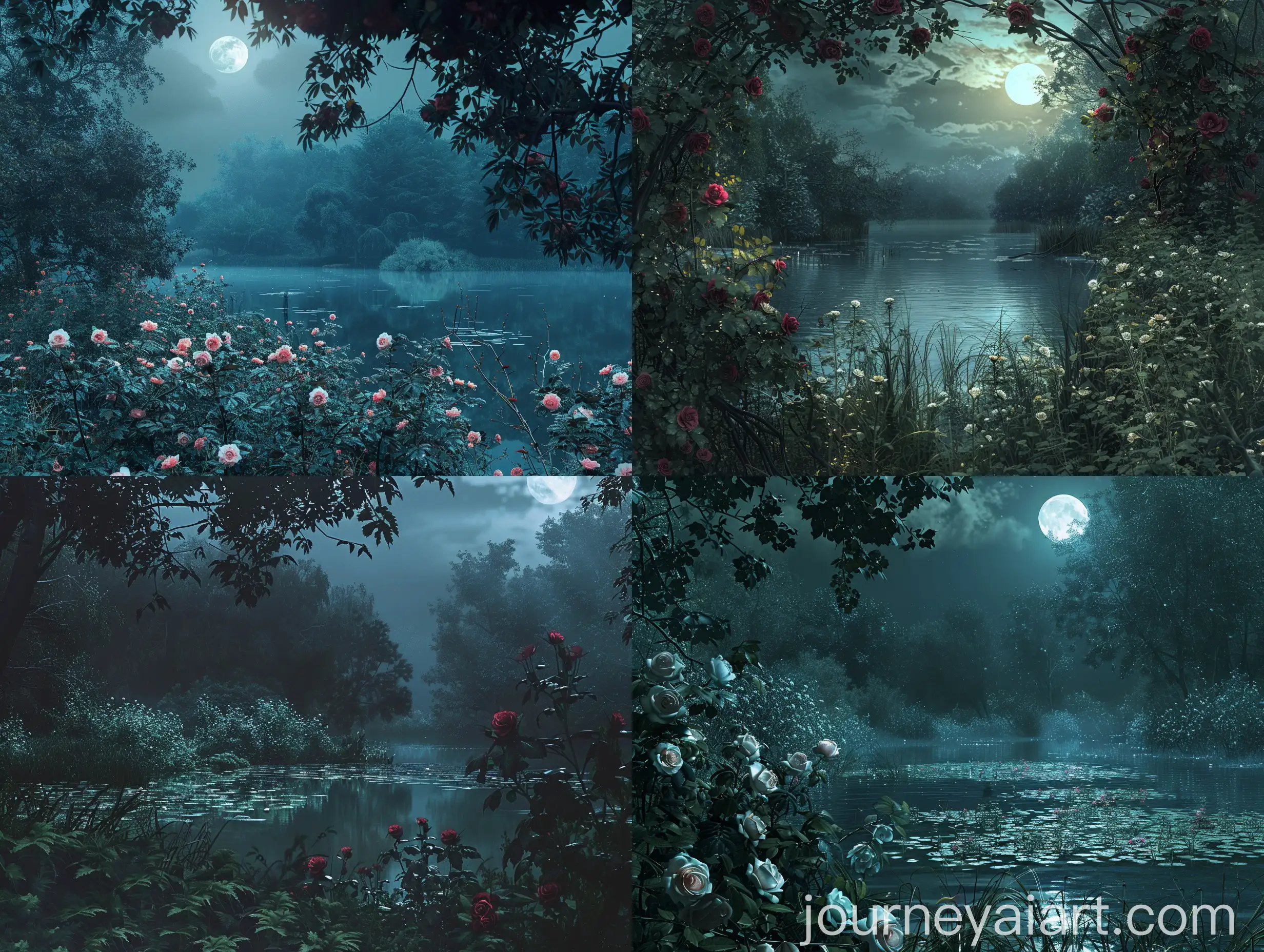 Mysterious-Forest-with-Calm-Moonlit-Lake-and-Wild-Roses