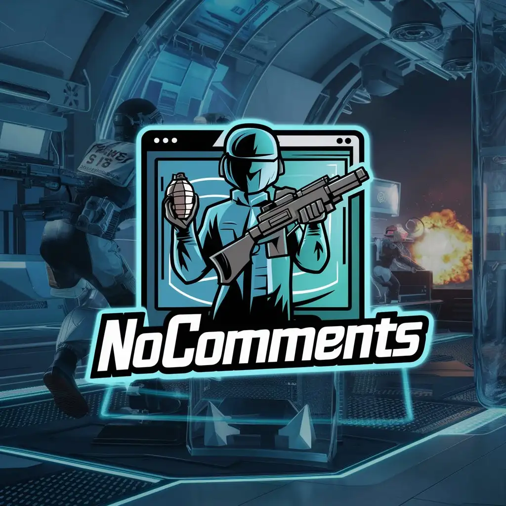 a logo design,with the text "NoComments", main symbol:Counter strike , terrorist , bomb , grenade ,computer , player , automatic weapon  , cyber sport,complex,be used in Technology industry,clear background