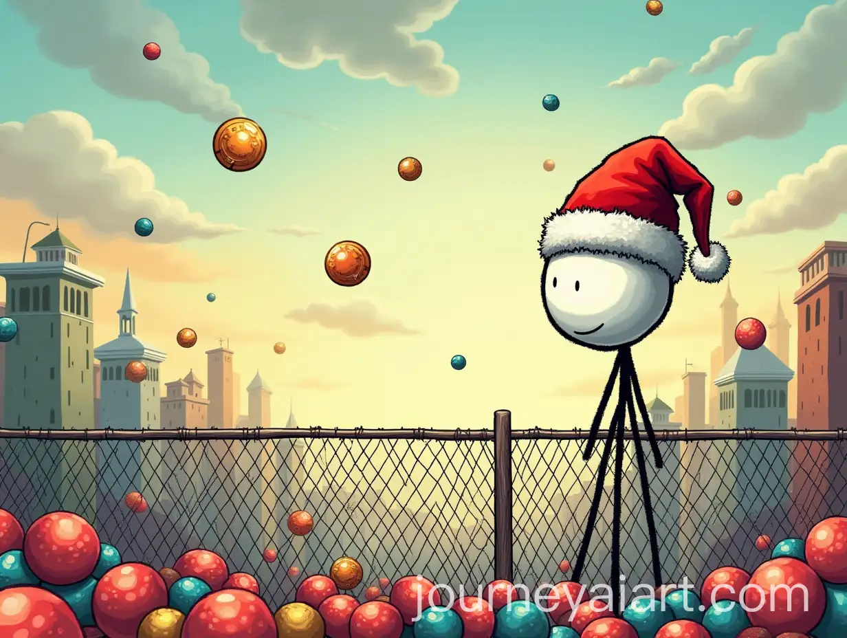 Whimsical-Stickman-with-Christmas-Hat-Amidst-Colorful-Ball-Bounce