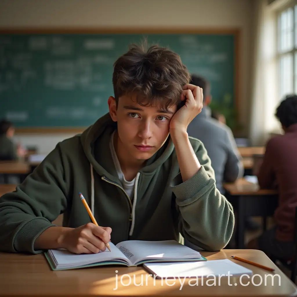 Teen-Student-Anxiously-Studying-at-Desk-Surrounded-by-Textbooks
