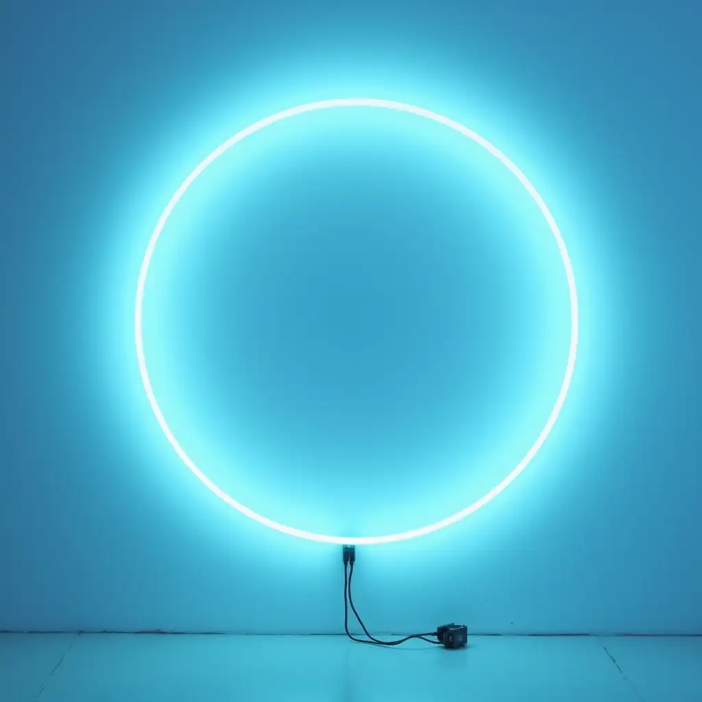 create a pale blue neon light which is a glass tube 10mm thick and 100cm diameter, formed into a perfect circle with the electrical connections at the bottom. It is fixed to a pale blue wall with all the fixings visible.