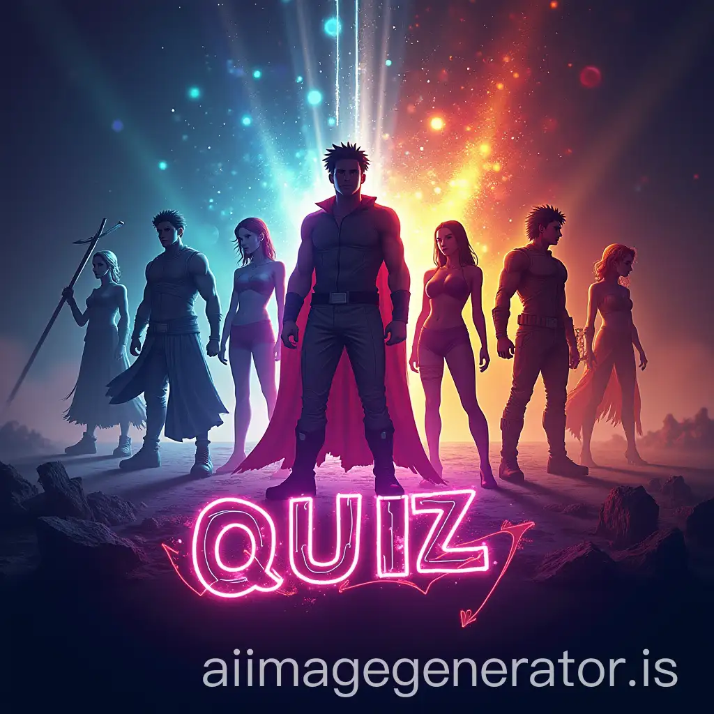 Create a vibrant and dynamic cover for a quiz game, featuring abstract silhouettes of iconic characters from manga, films, and TV shows. The background should mix mystical energy, glowing light streaks, and subtle elements of ancient and modern worlds. Include glowing symbols representing magic, strength, and adventure. The central title should be bold and modern with a magical or futuristic aura, while maintaining a mysterious and energetic vibe. The overall atmosphere should be intriguing and colorful, capturing the essence of adventure and mystery