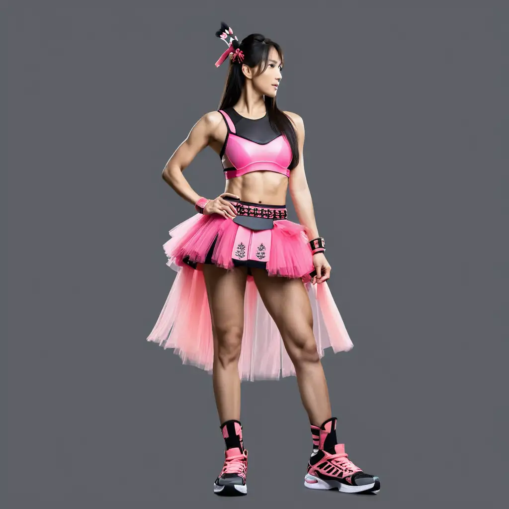 Muscular Japanese Woman Bodybuilder in Samurai Knight Armor and Tutu