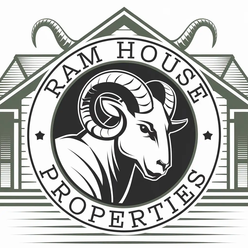 LOGO Design for Ram House Properties Minimalist Green Black Ram Head with Powerful Horns and House Theme