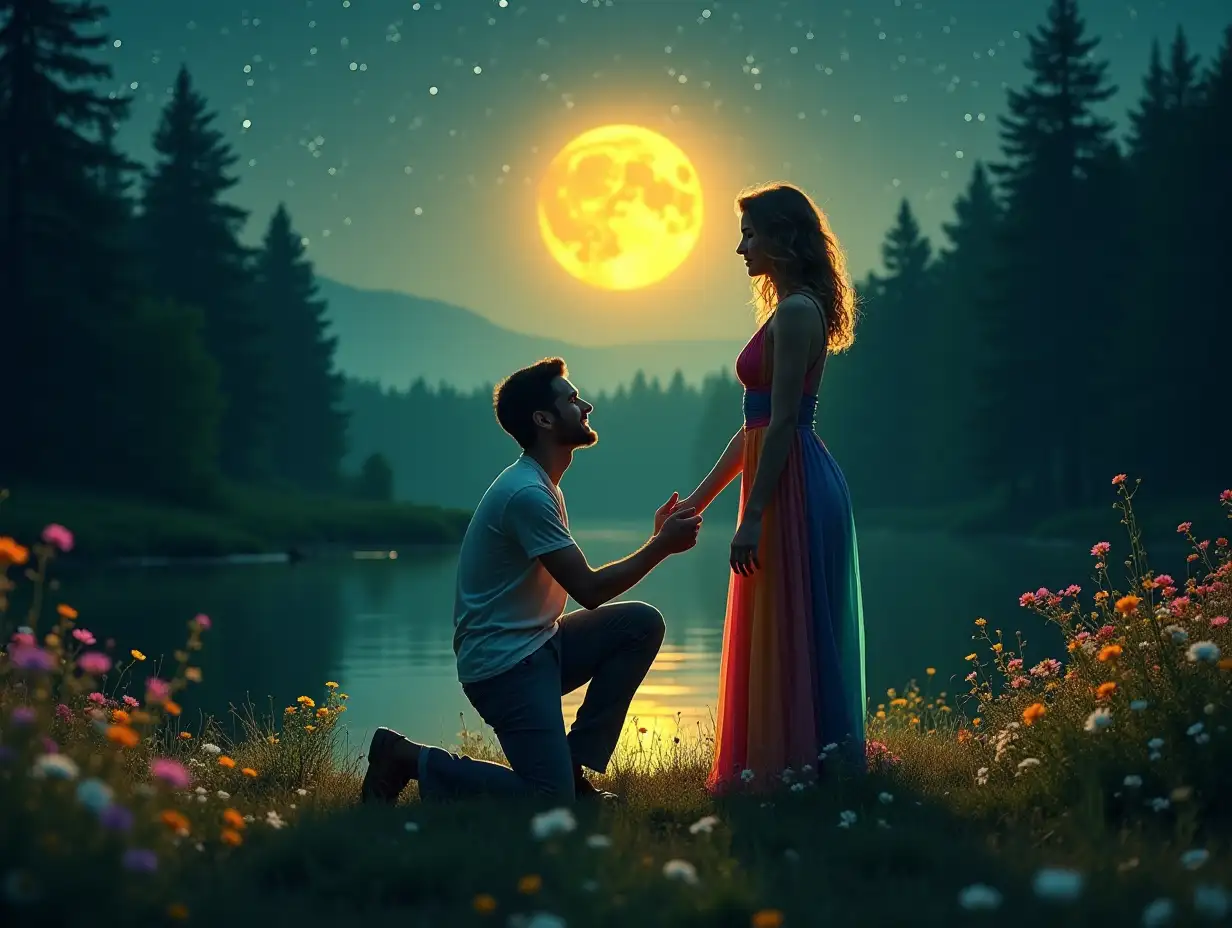 A man in deep love, in the green forest in night. Bright yellow Moon in sky. forest full of colourful flowers. Big lake behind man, nailing down on knees to women in love, kissing her hand. Boy in focus. Women standing in rainbow dress in less focus