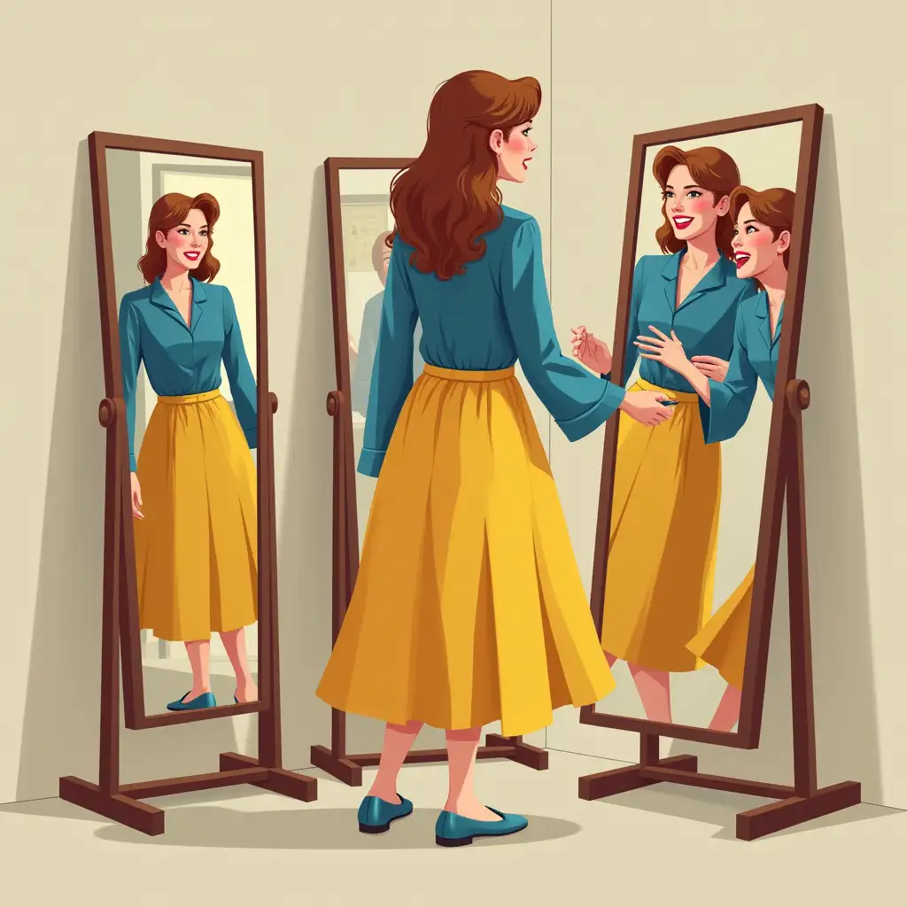 An image of a woman getting ready, with seven mirrors around her. You can show her in a classic outfit (yellow skirt and blue blouse) or a new stylish one. One mirror might show her admiringly watching her, another helping her by holding a sleeve or makeup tools, yet another showing her laughing or joking. The others could be doing their usual tasks but with glances at the woman getting ready.