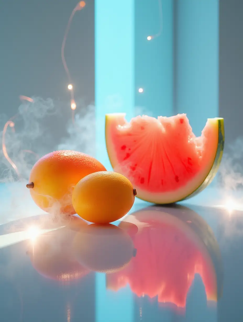 Imagine a set of fruits placed on a glossy, transparent surface, their reflections barely visible, as if they're floating in mid-air. A single, dewy mango rests beside an intricately cut watermelon, each slice revealing its vibrant, translucent interior. Around them, delicate mist swirls and soft neon lights pulse, casting subtle glows onto the surfaces, creating a soft, surreal atmosphere. The fruits appear almost suspended in time, with an ethereal, futuristic quality. The entire image is sleek and crisp, but the lighting and angles are unexpected—giving it a fresh, modern vibe that blurs the line between reality and digital art.