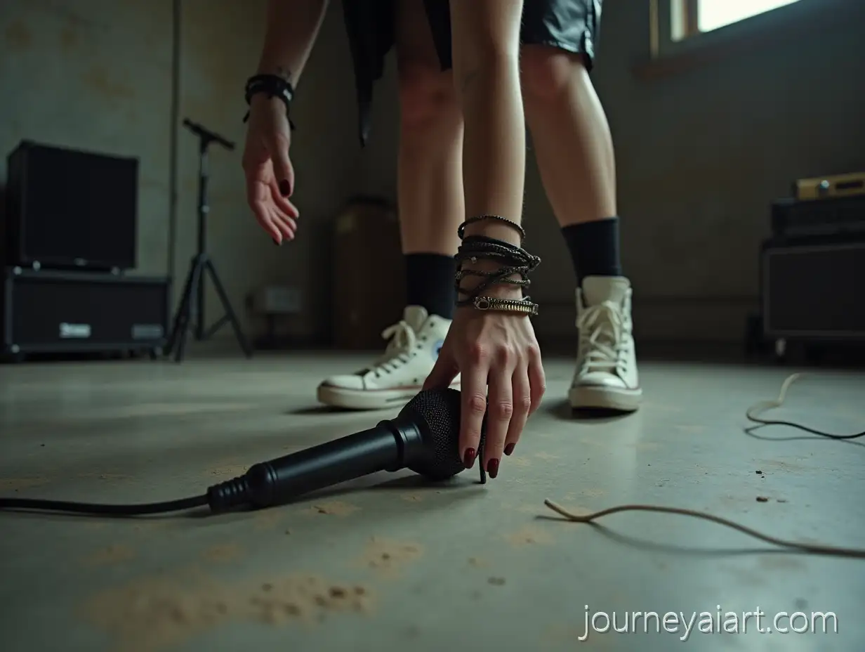 Punk-Girl-in-90s-Grunge-Style-PickingGrunge-Girl-with-Mic-Up-Microphone-in-Empty-Rehearsal-Room