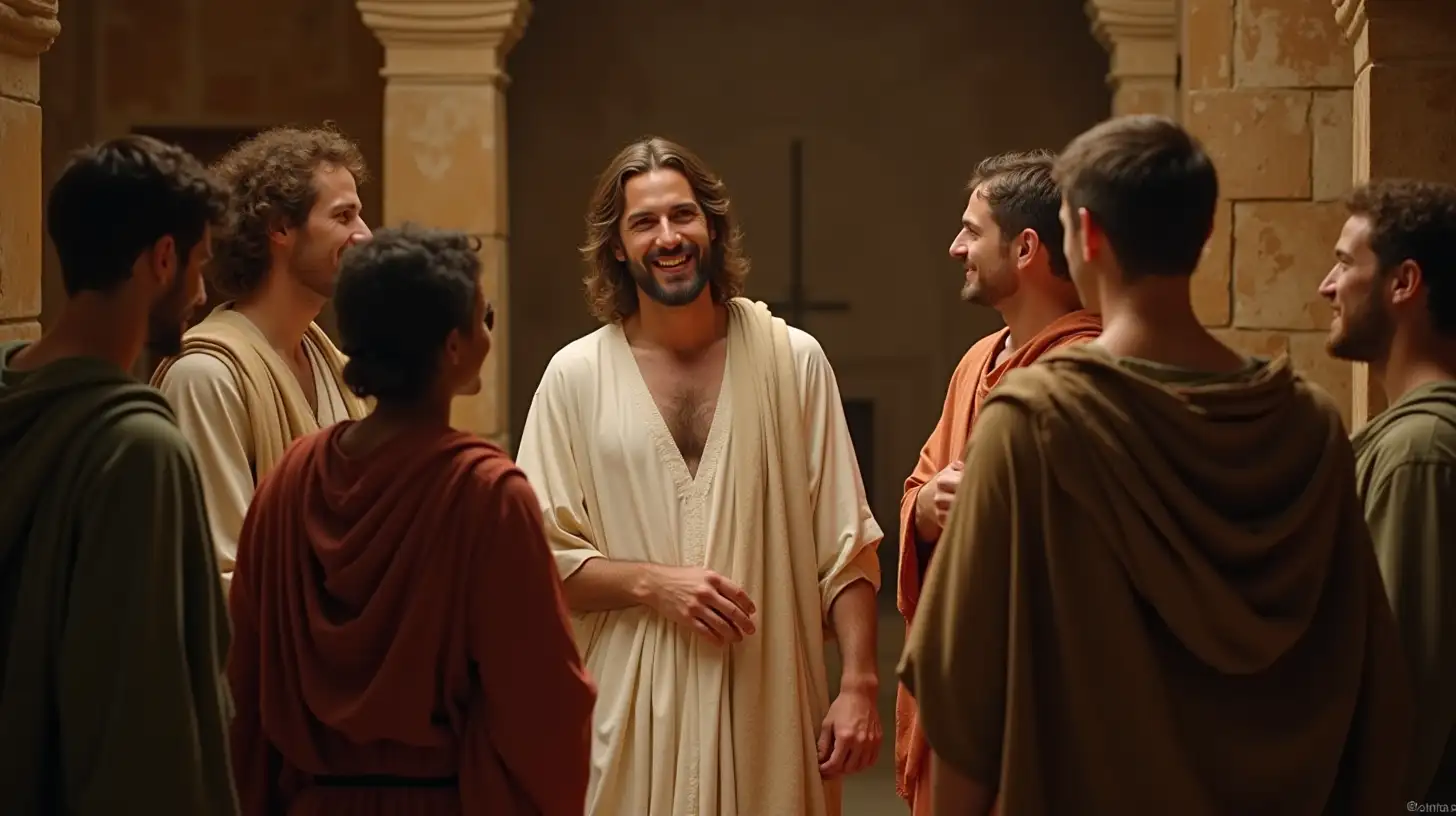 Jesus in White Tunic Engaging with Young Men in Ancient Jewish Attire