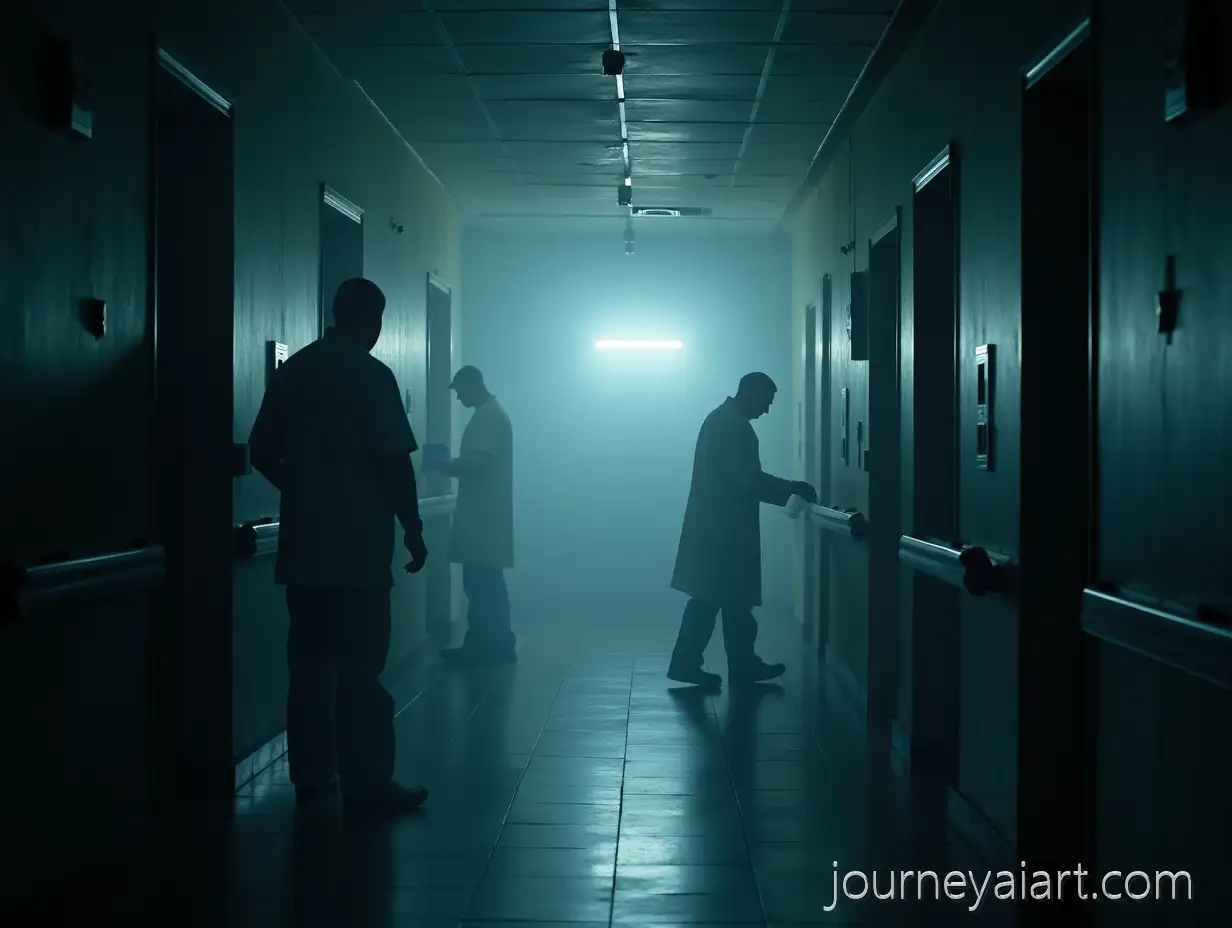 Doctors-Working-in-Cold-Hospital-Corridor-with-Industrial-Heater-Glowing