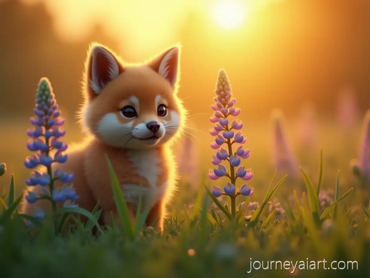 Fantasy-Fox-in-Blooming-Meadow-at-Sunrise-with-Lupine-Flowers
