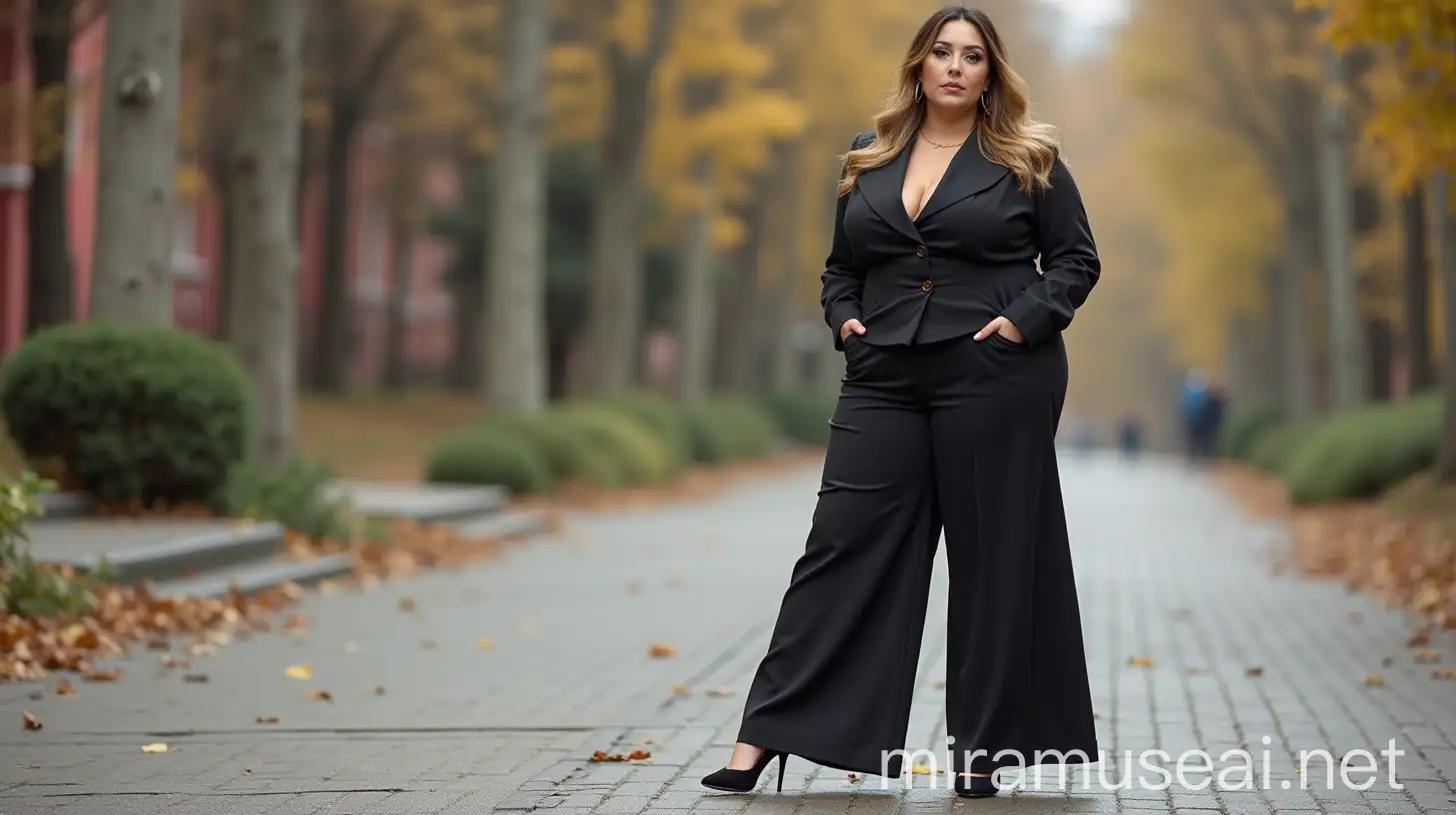 Elegant Russian Woman in Flared Tailored Trousers and Stiletto Heels