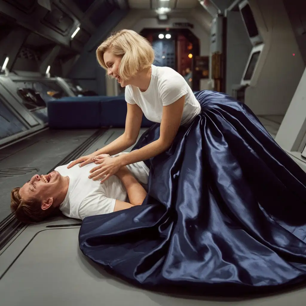 A hysterically laughing man is lying on his back on the floor of a spaceship. A beautiful smiling blonde woman with short hair is kneeling on his chest. she is touching his chest. she is looking into his eyes. She is wearing a white tee shirt, a long dark blue satin ballgown with a circle skirt. The skirt is spread around her.