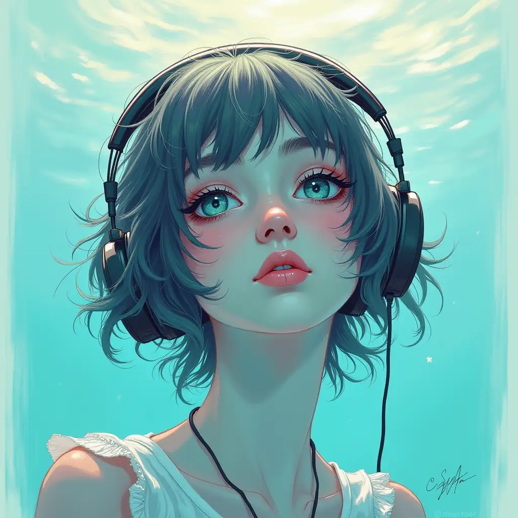 Sad-Beauty-with-Headphones-Under-the-Ocean-in-Sketch-Style