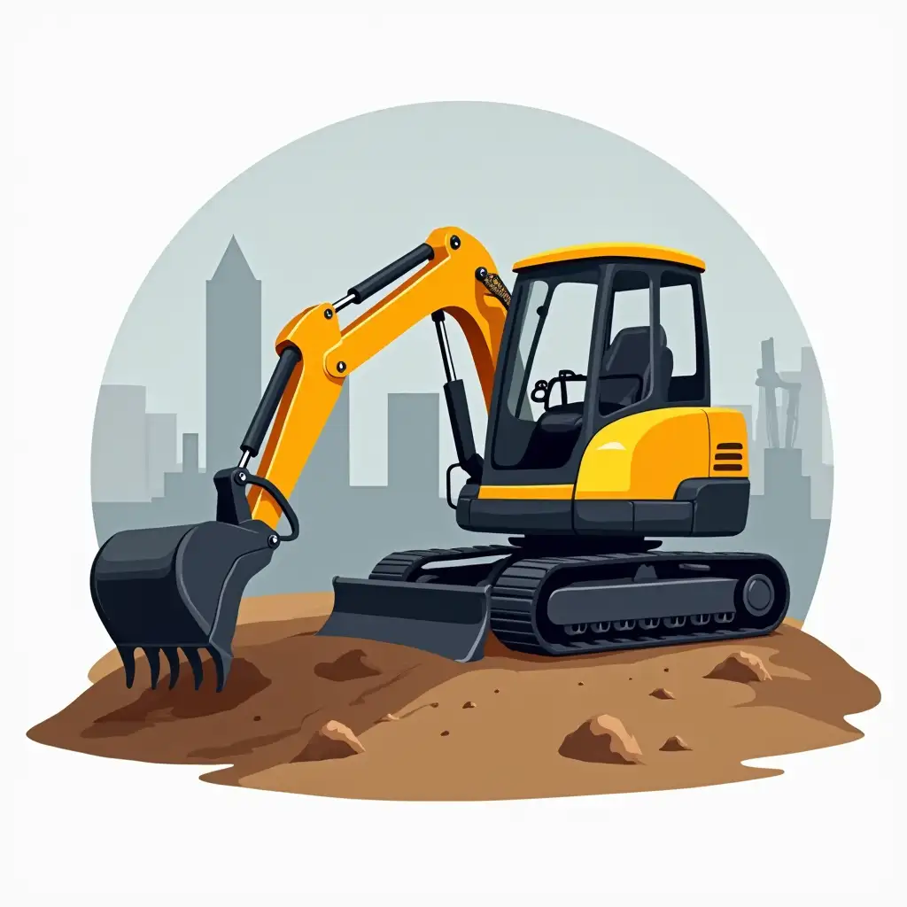 A professional and modern logo featuring a compact mini excavator actively digging on a construction site. The excavator should be realistically detailed but stylized for a clean, minimalist design. The background should be simple, possibly with subtle dirt piles or a construction silhouette to emphasize the work environment. Use a strong yet inviting color palette, such as yellow and black for the excavator, combined with industrial tones like gray or dark blue. The design should be clear and easily recognizable, even at smaller sizes, making it suitable for business cards, website branding, and company uniforms. Keep a sharp, polished look with a slight 3D effect or bold outlines for visibility.