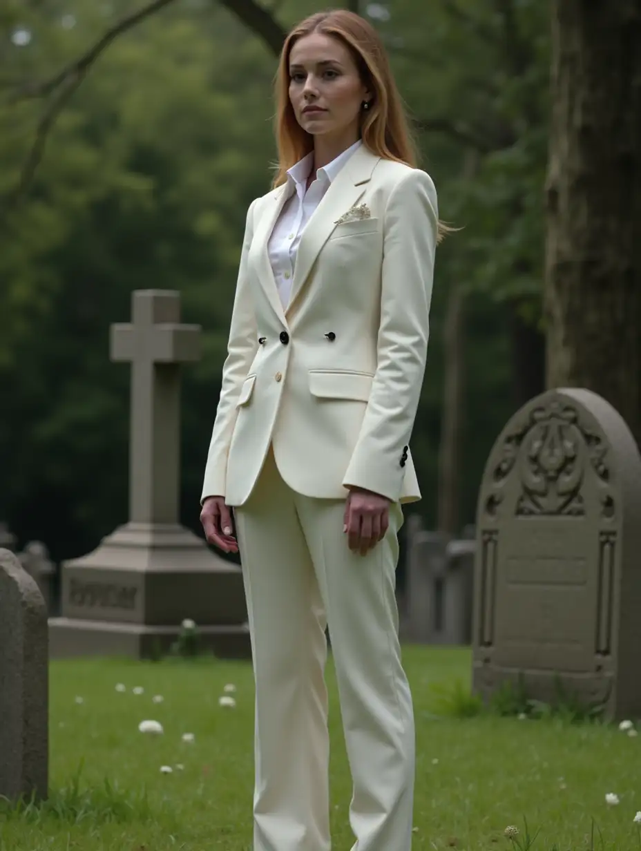 Teagan-Croft-in-Graveyard-Wearing-Sharp-White-Suit-in-Daytime