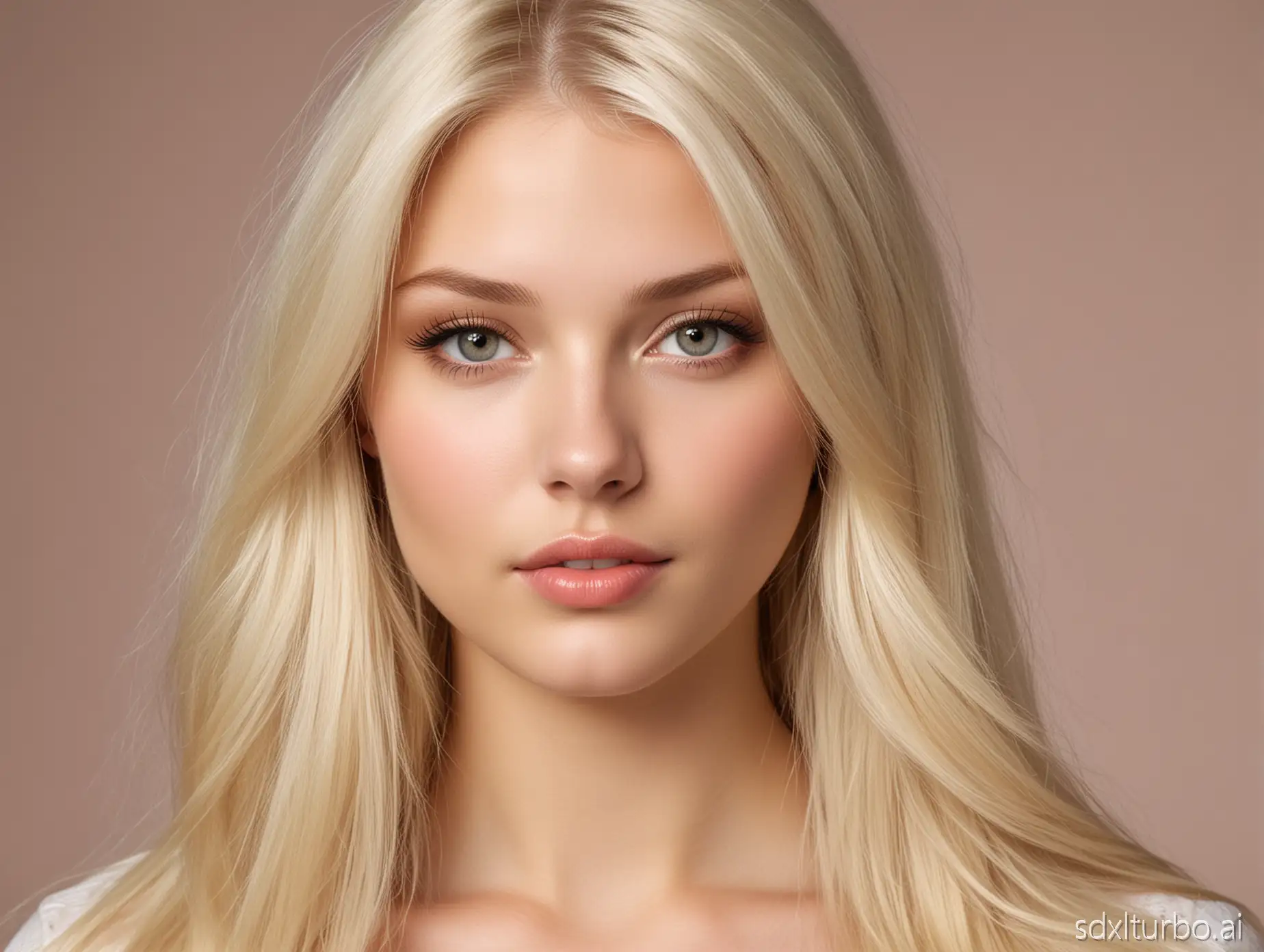 very realistic photograph of a beautiful young top model blonde woman, 20 years old, real, breathtaking beauty, very feminine with very feminine face, pure and innocent face, real skin and hair texture, long silky straight platinum blonde hair