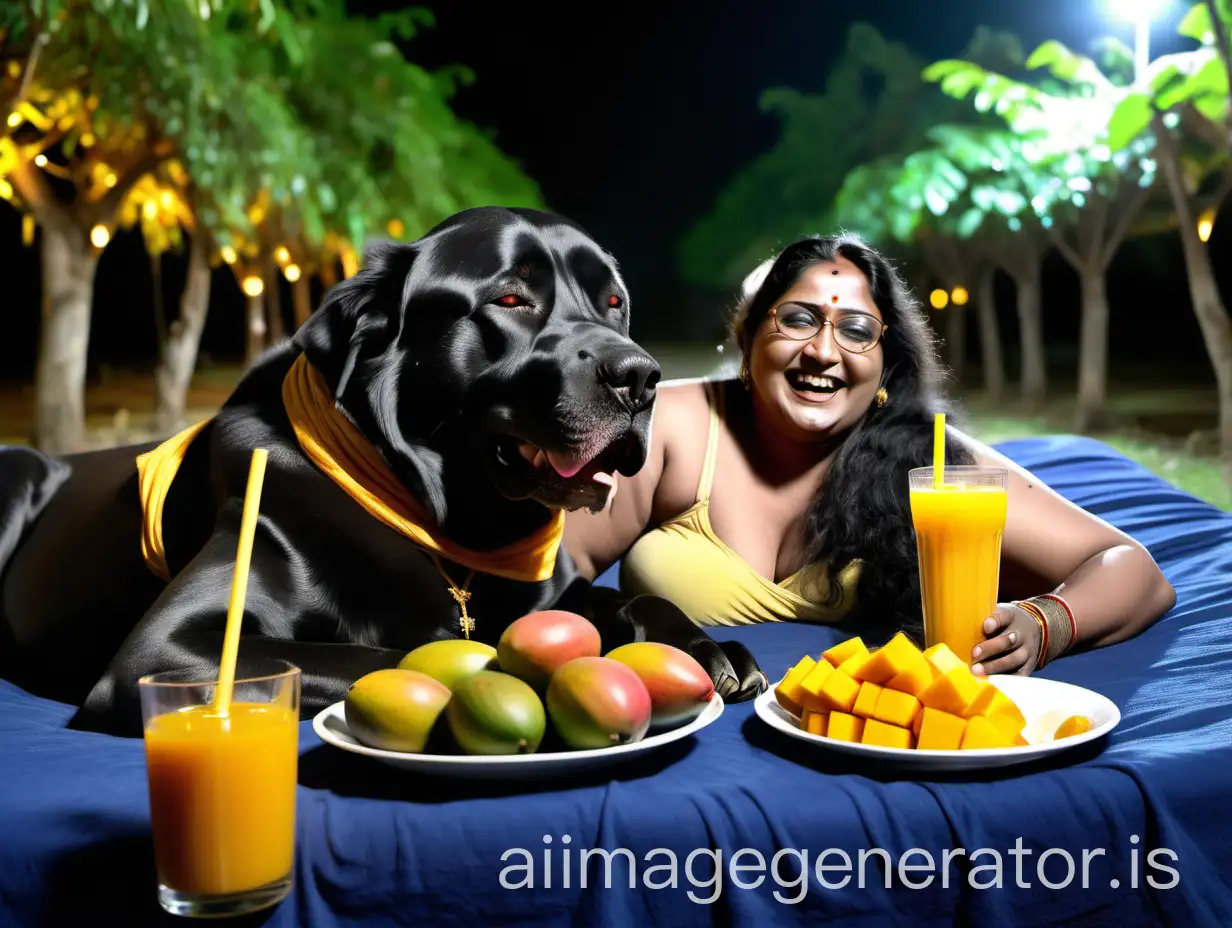 Young-Bodybuilder-and-Curvy-Woman-Enjoying-Mangoes-in-a-Luxurious-Nighttime-Grove