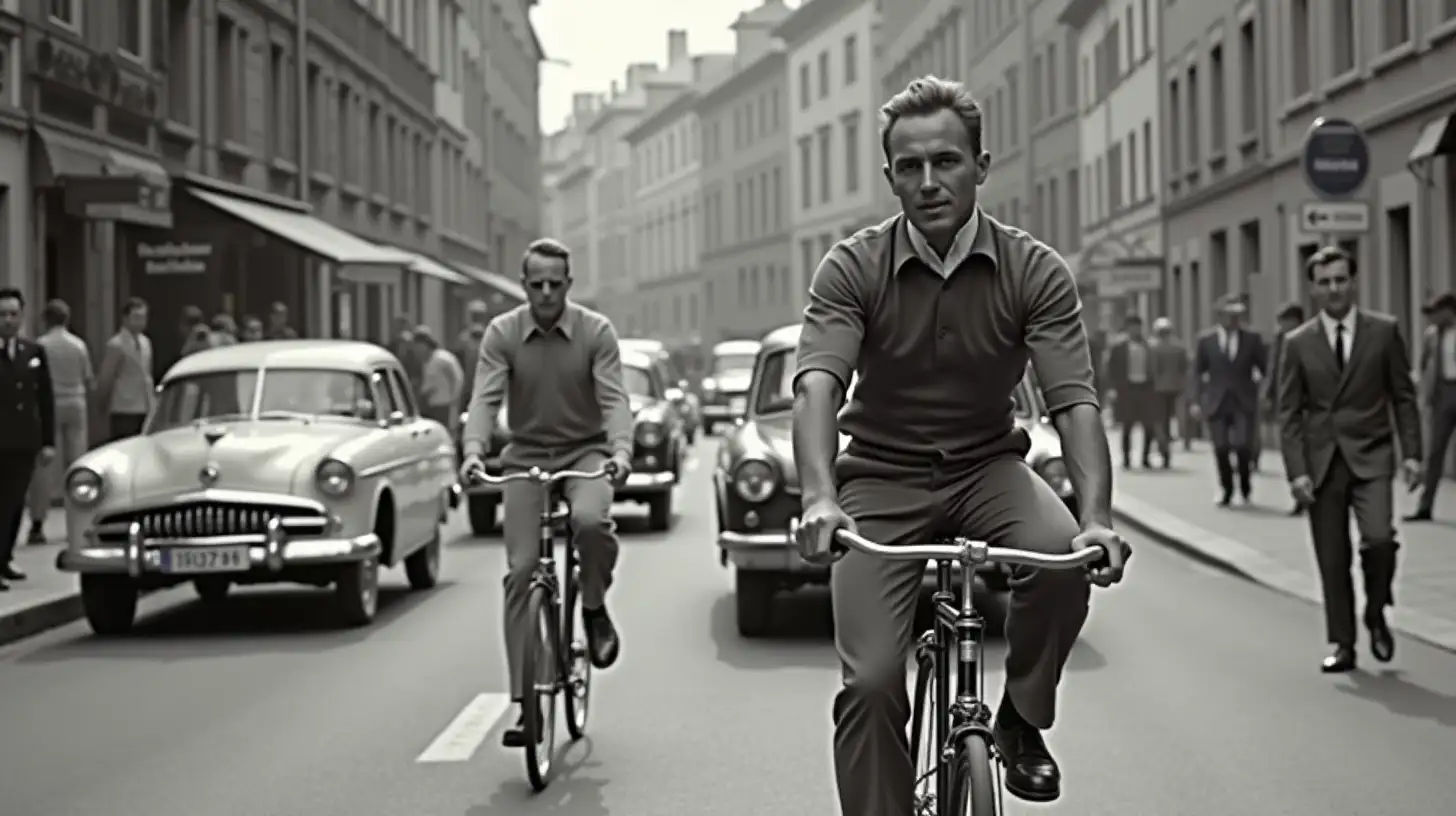 1950s Switzerland: a well-groomed man on bicycle rides through the city with classic cars from the era in the background. men in the focus