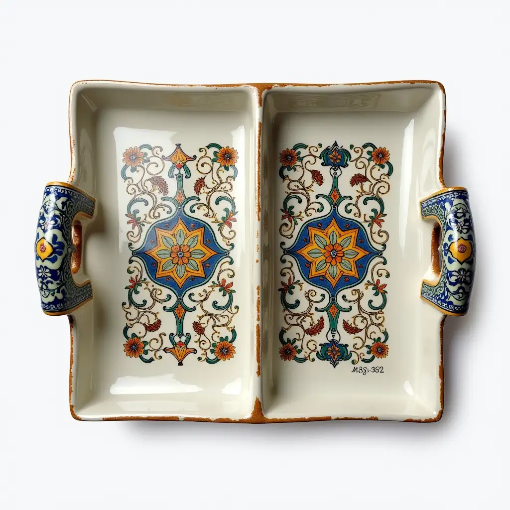 Two divided rectangle ceramic tray plate with embossed beautiful  ceramic handle, Underglaze painting on white body, Fine art, Hyper detailed, Antique and old, Qajar art, Iranian Tabriz carpet design