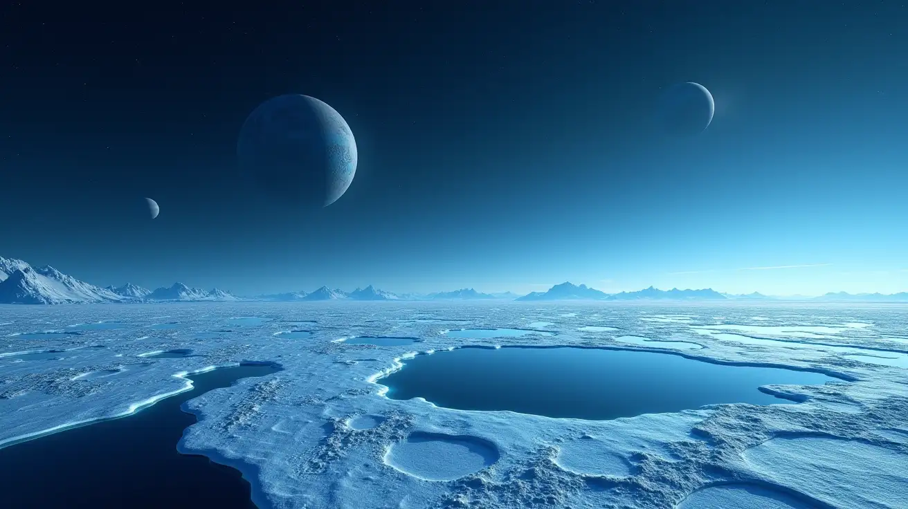 a picture of a alien landscape of a ice cap of ice with a giant lake of Ammonia under a night sky full of stars with two small planets,