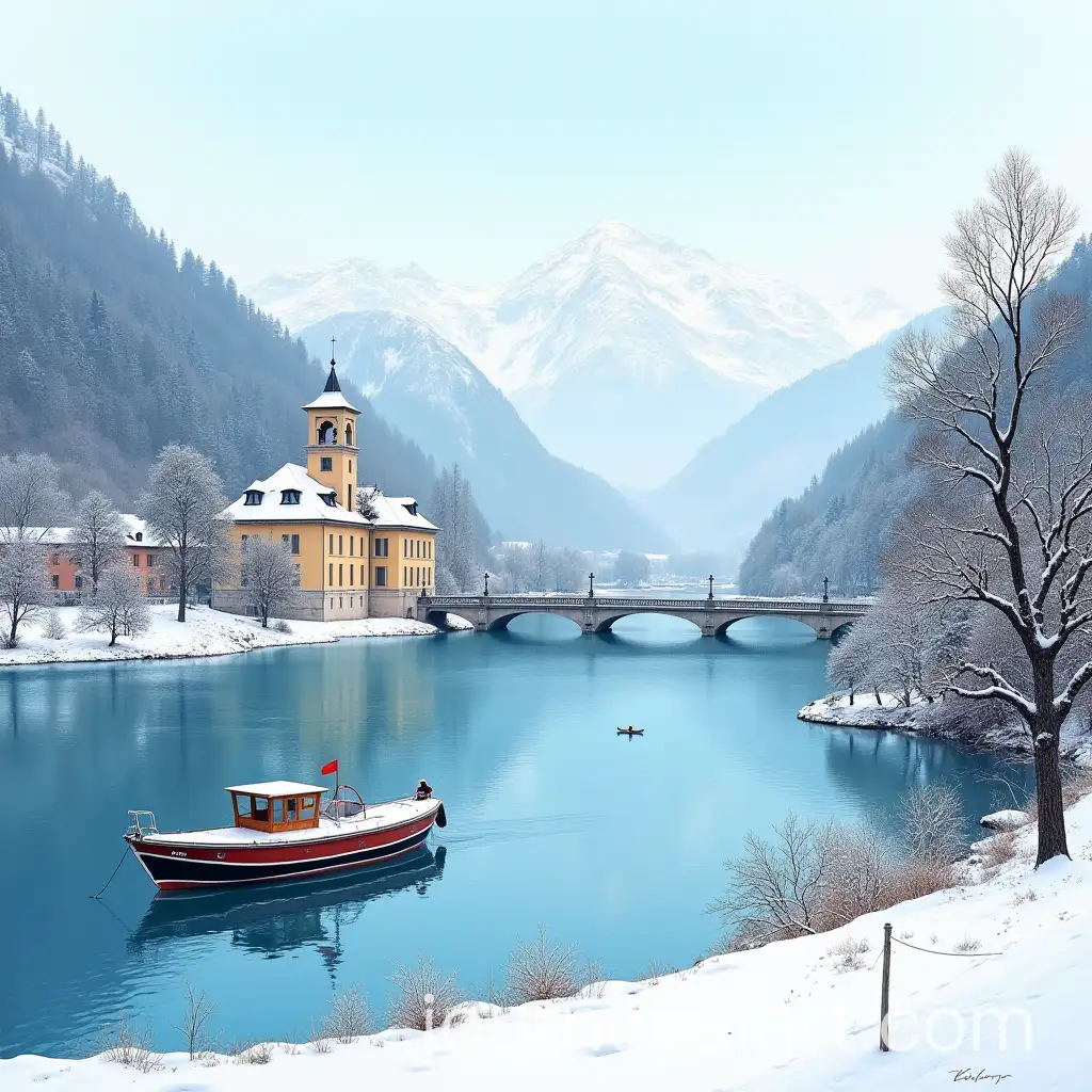 Winter-Scene-at-Lake-Annecy-with-Boat-Dragonfly-and-Imperial-Promenade