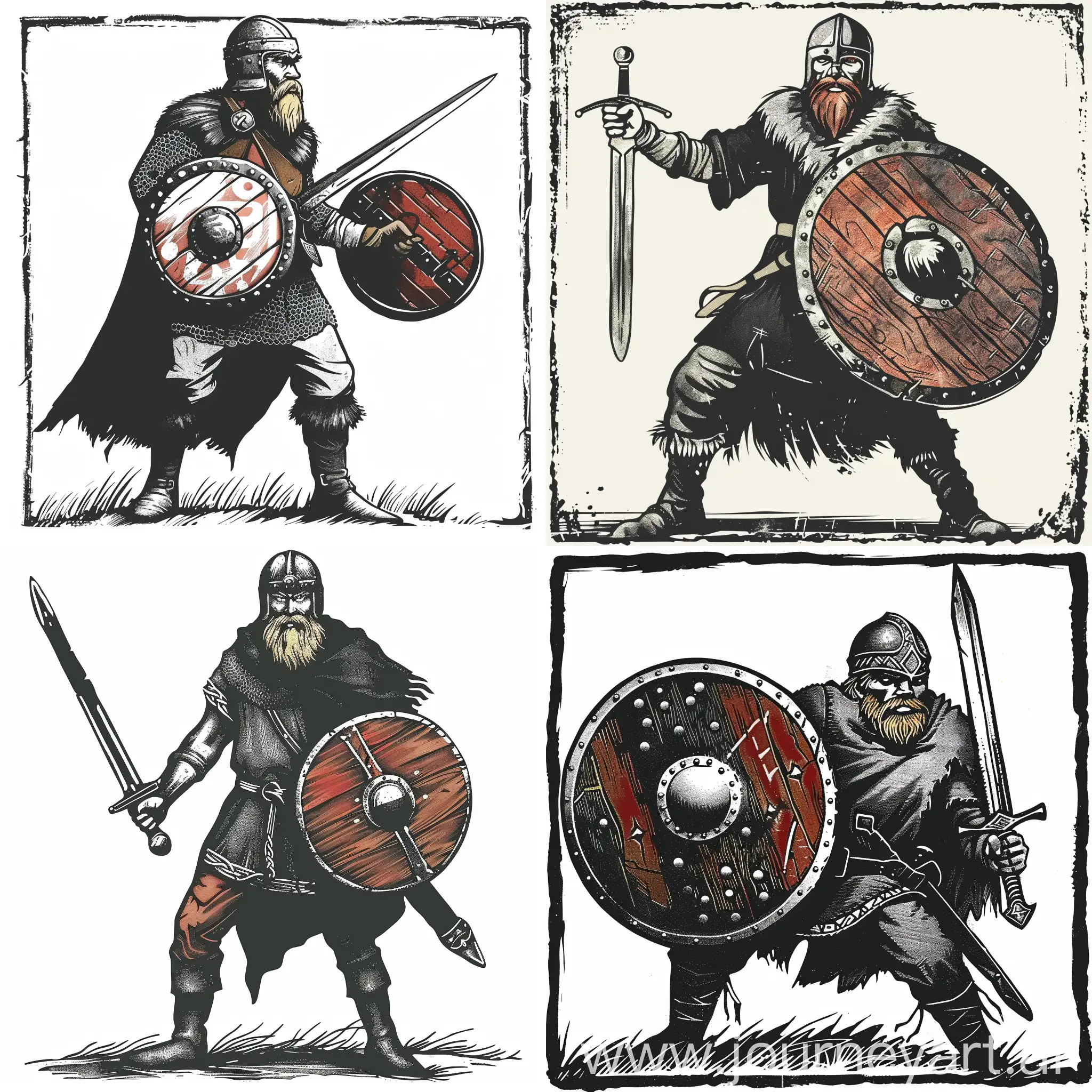 Scandinavian-Viking-Warrior-with-Sword-and-Shield-in-Ancient-Linear-Drawing-Style